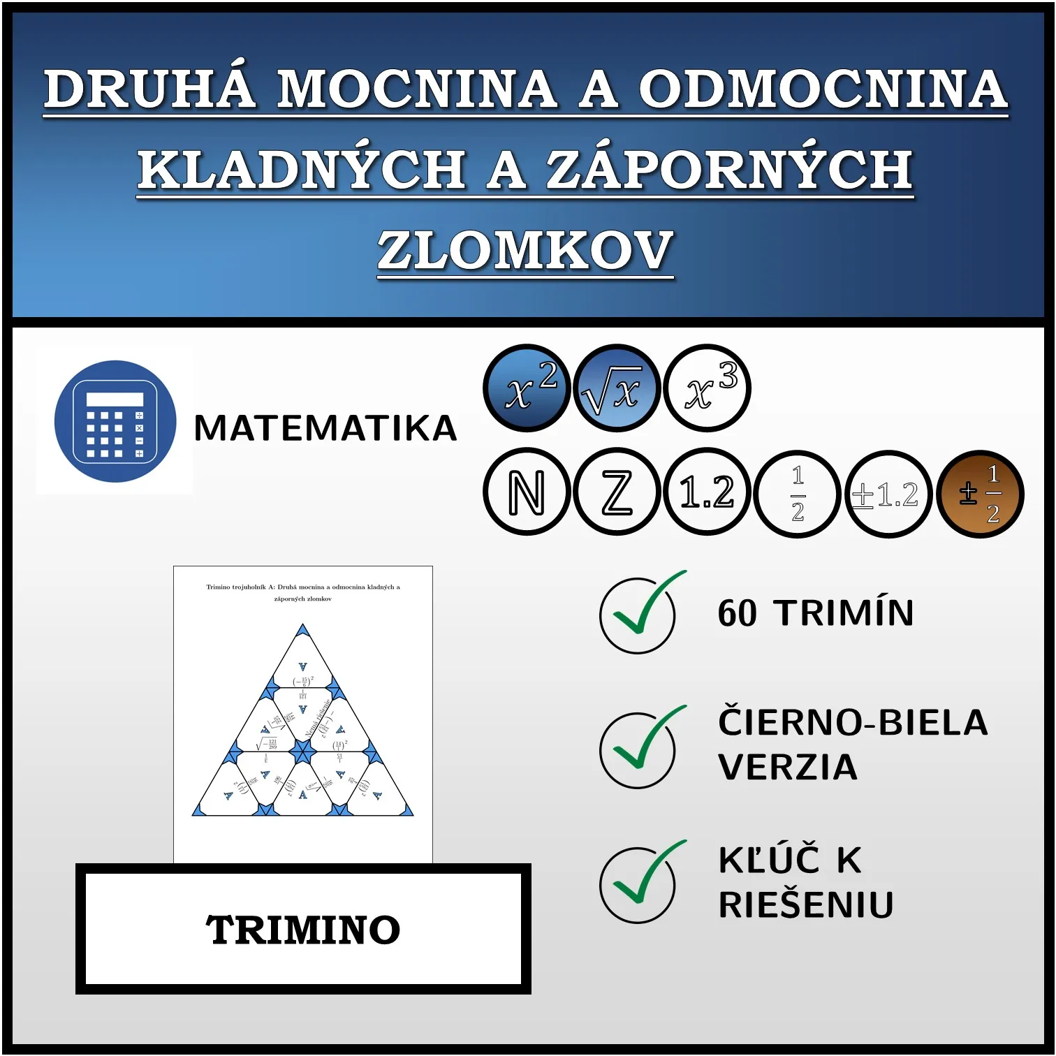Trimino: Druhá mocnina a odmocnina kladných a záporných zlomkov