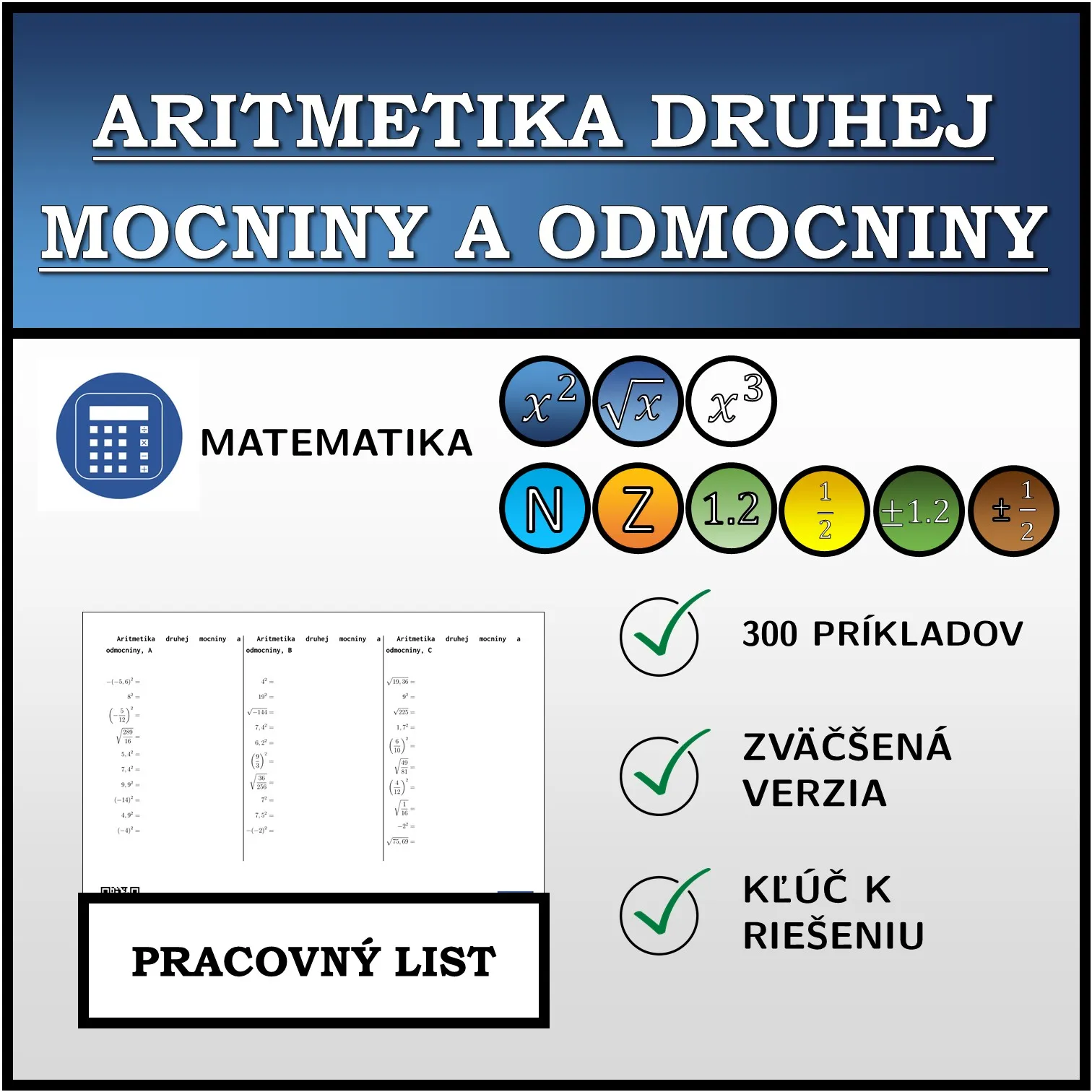 Pracovný list: Aritmetika druhej mocniny a odmocniny