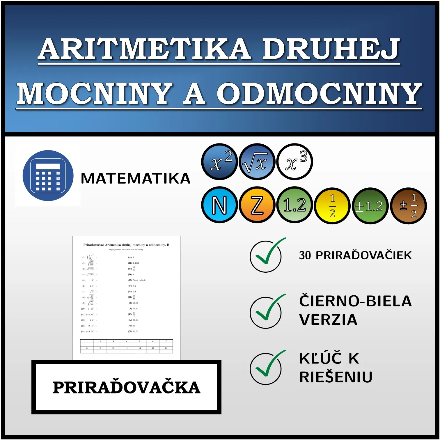 Priraďovačka: Aritmetika druhej mocniny a odmocniny