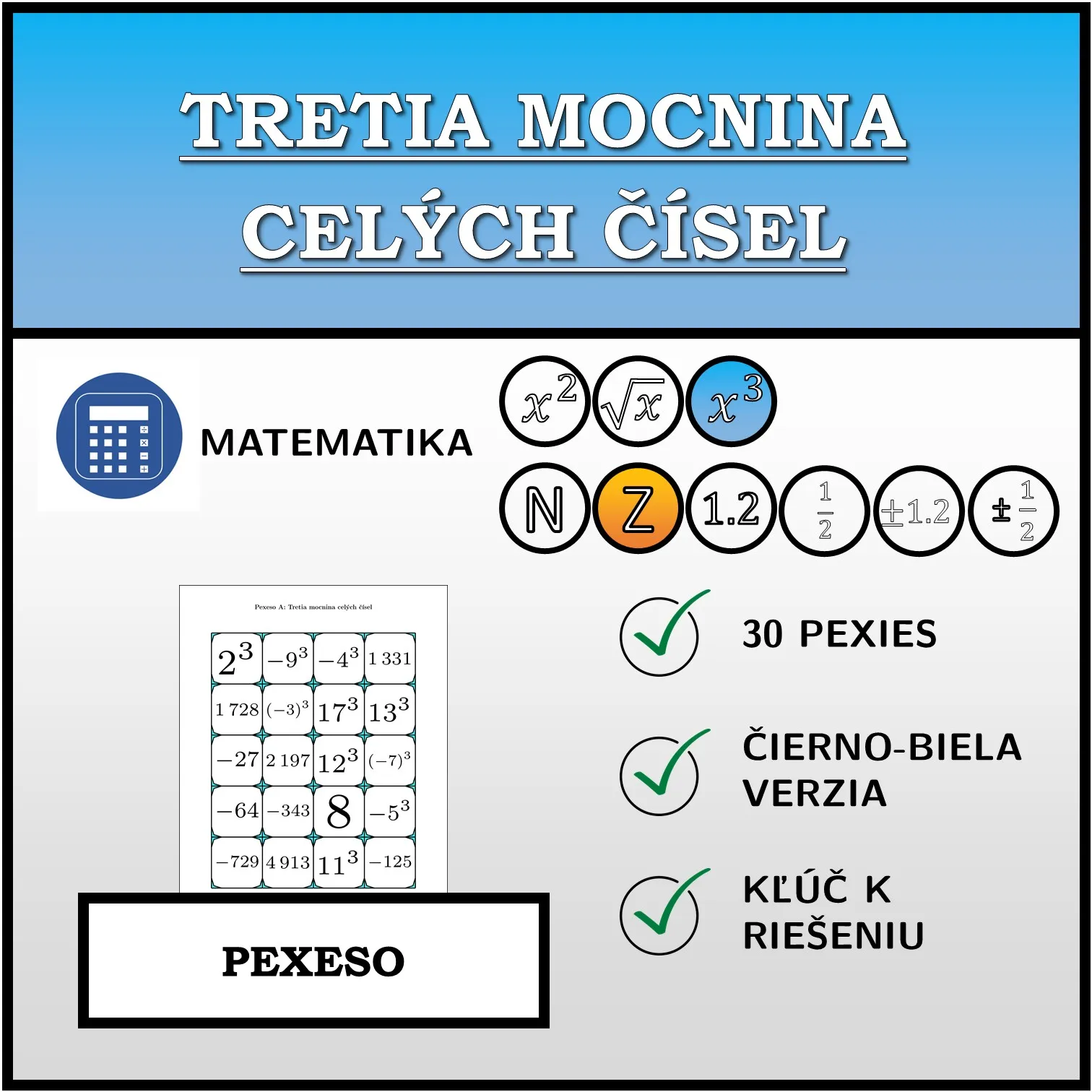 Pexeso: Tretia mocnina celých čísel
