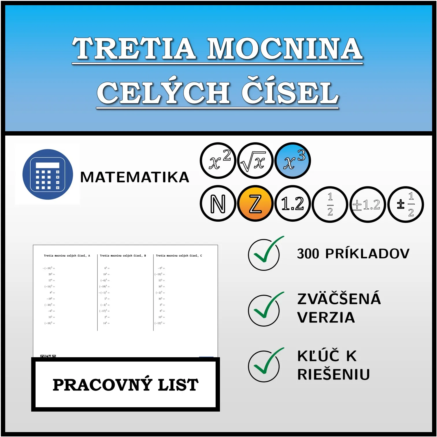 Pracovný list: Tretia mocnina celých čísel