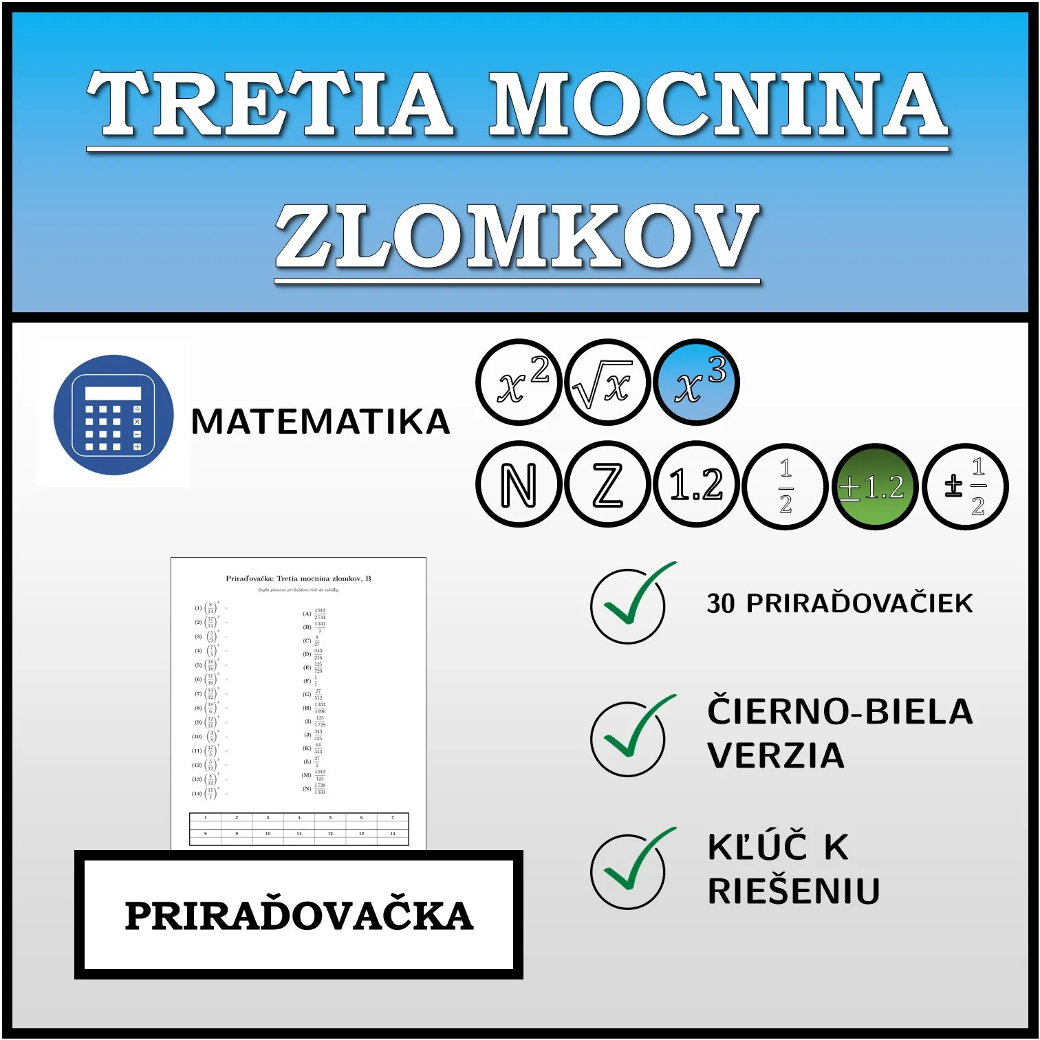 Priraďovačka: Tretia mocnina zlomkov