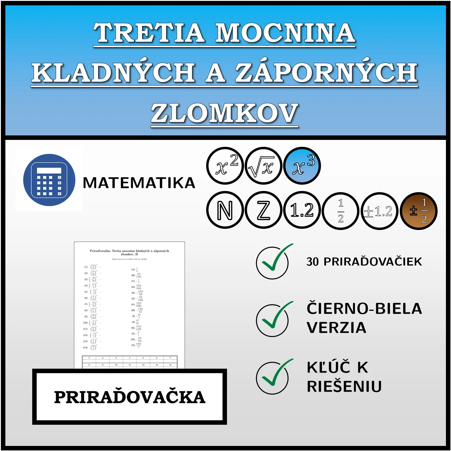 Priraďovačka: Tretia mocnina kladných a záporných zlomkov