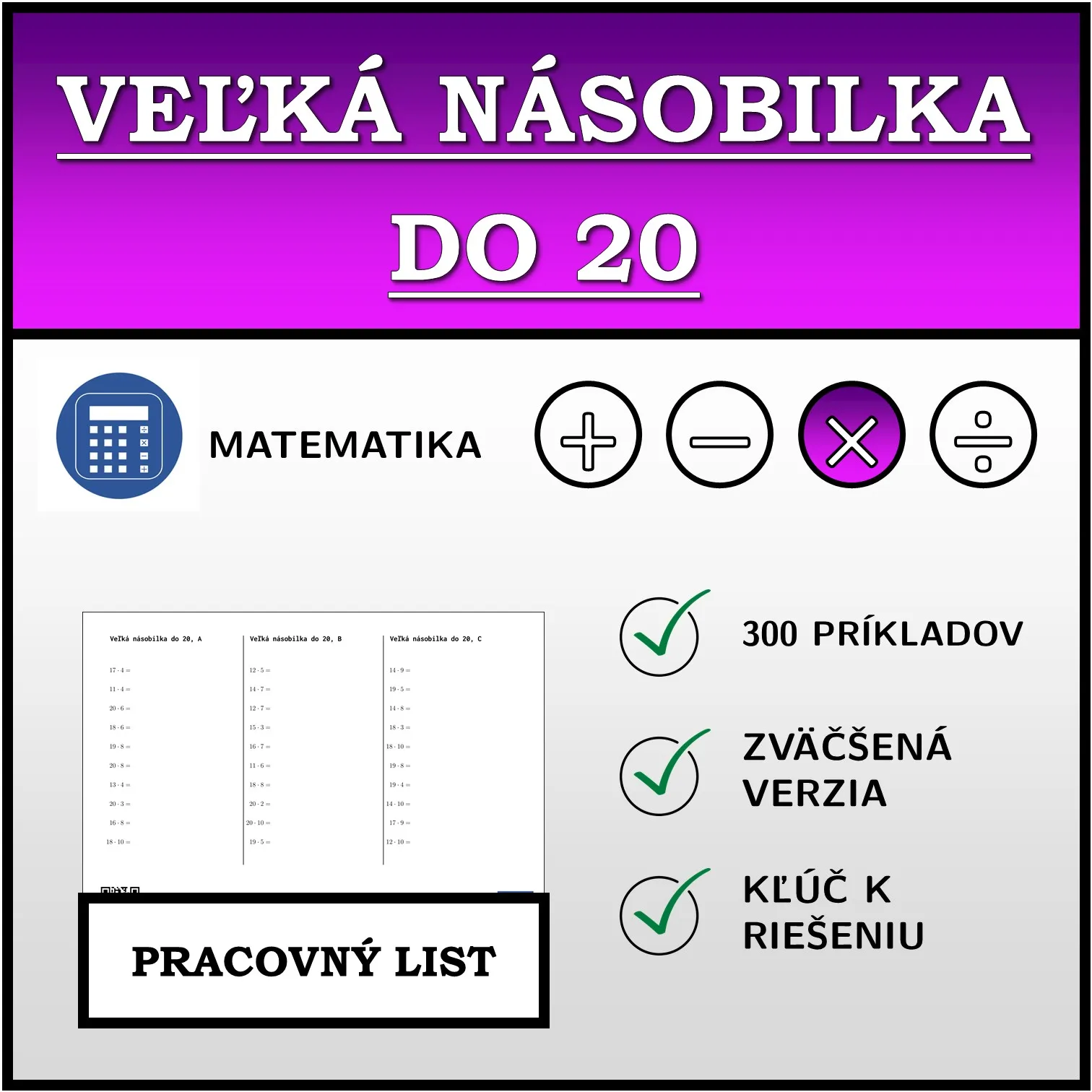 Pracovný list: Veľká násobilka do 20