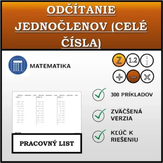 Pracovný list: Odčítanie jednočlenov (celé čísla)