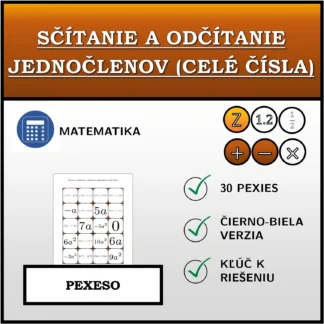 Pexeso: Sčítanie a odčítanie jednočlenov (celé čísla)