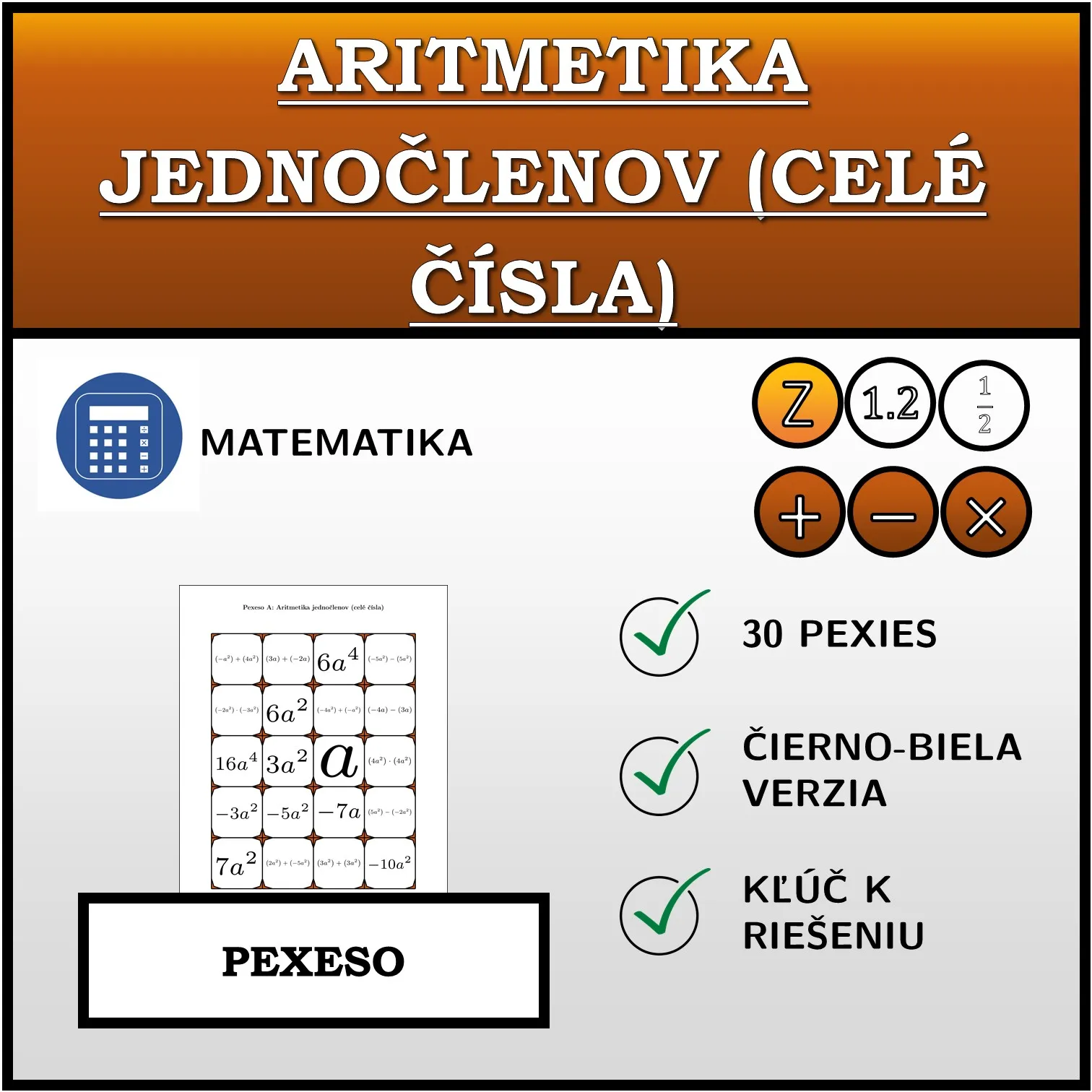 Pexeso: Aritmetika jednočlenov (celé čísla)