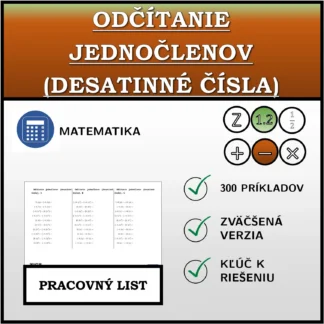 Pracovný list: Odčítanie jednočlenov (desatinné čísla)