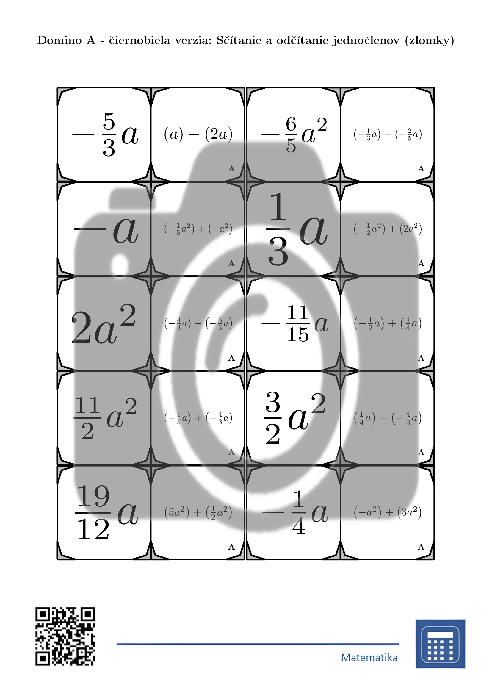 Domino: Sčítanie a odčítanie jednočlenov (zlomky) – Obrázok 3