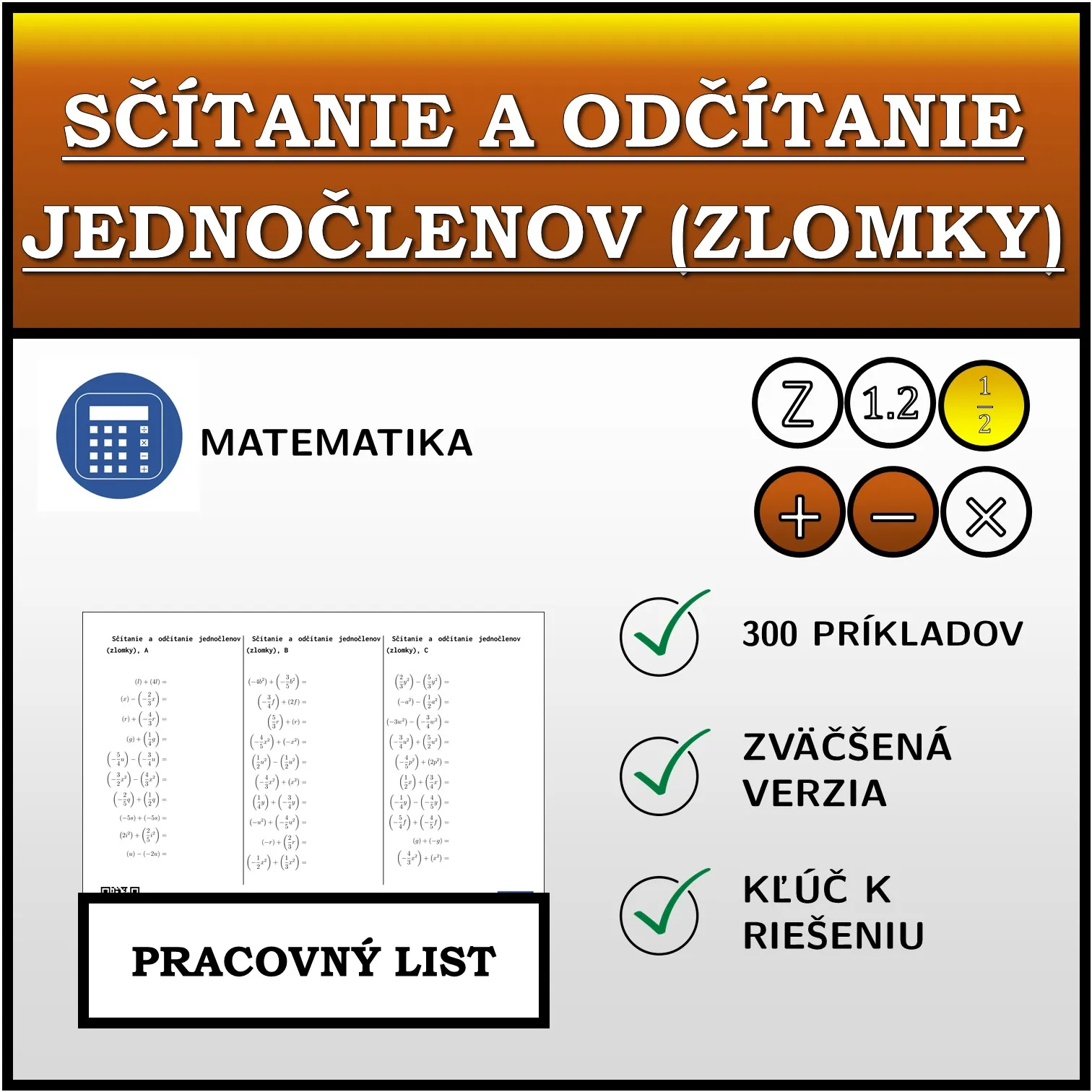 Pracovný list: Sčítanie a odčítanie jednočlenov (zlomky)