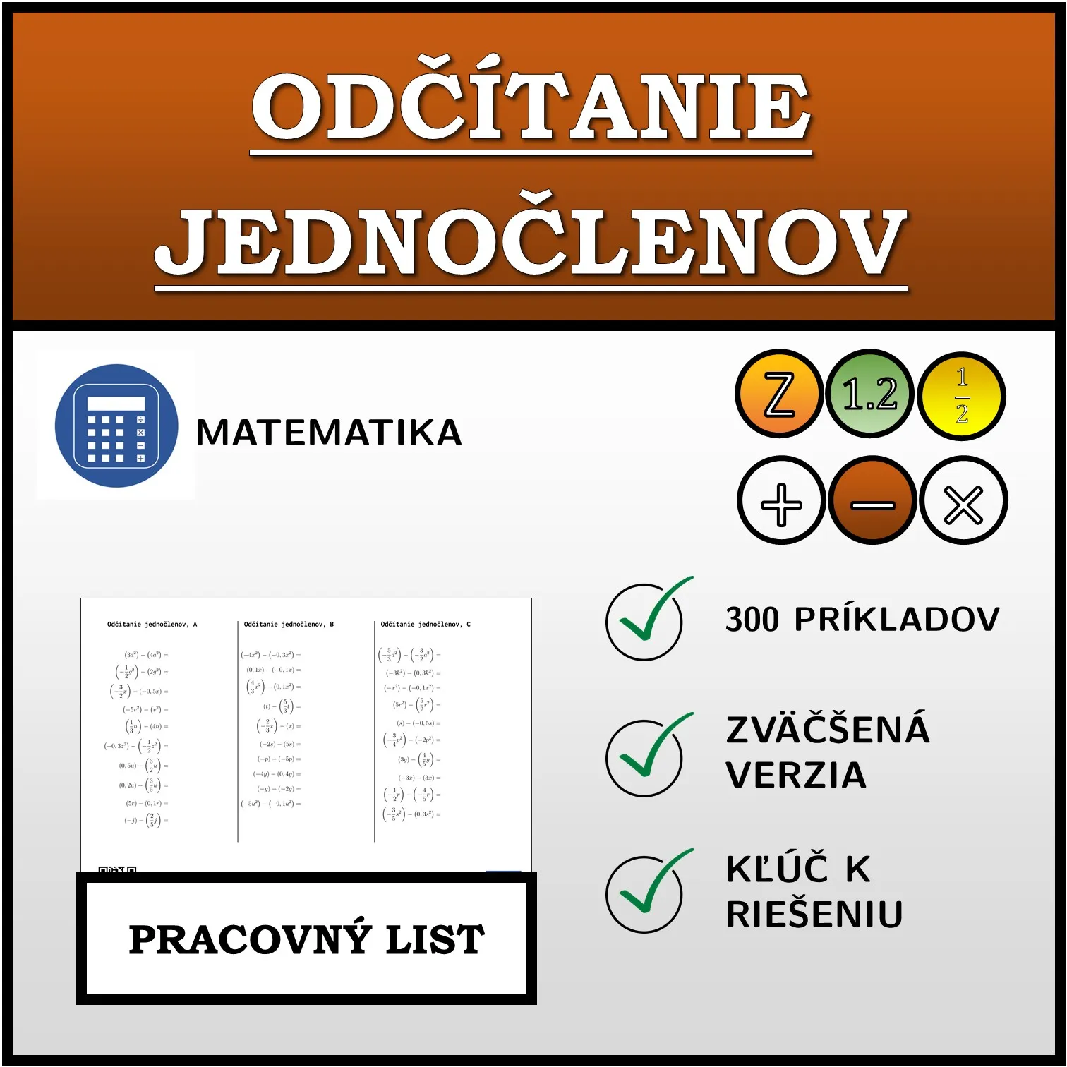 Pracovný list: Odčítanie jednočlenov