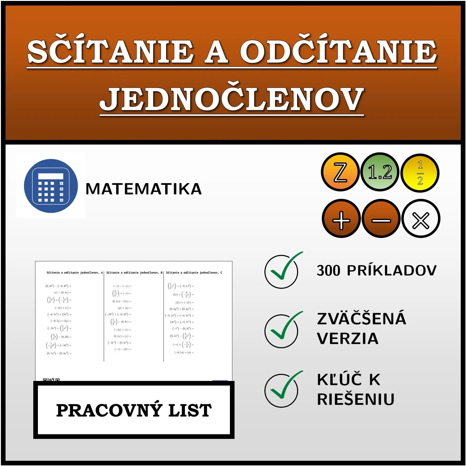 Pracovný list: Sčítanie a odčítanie jednočlenov