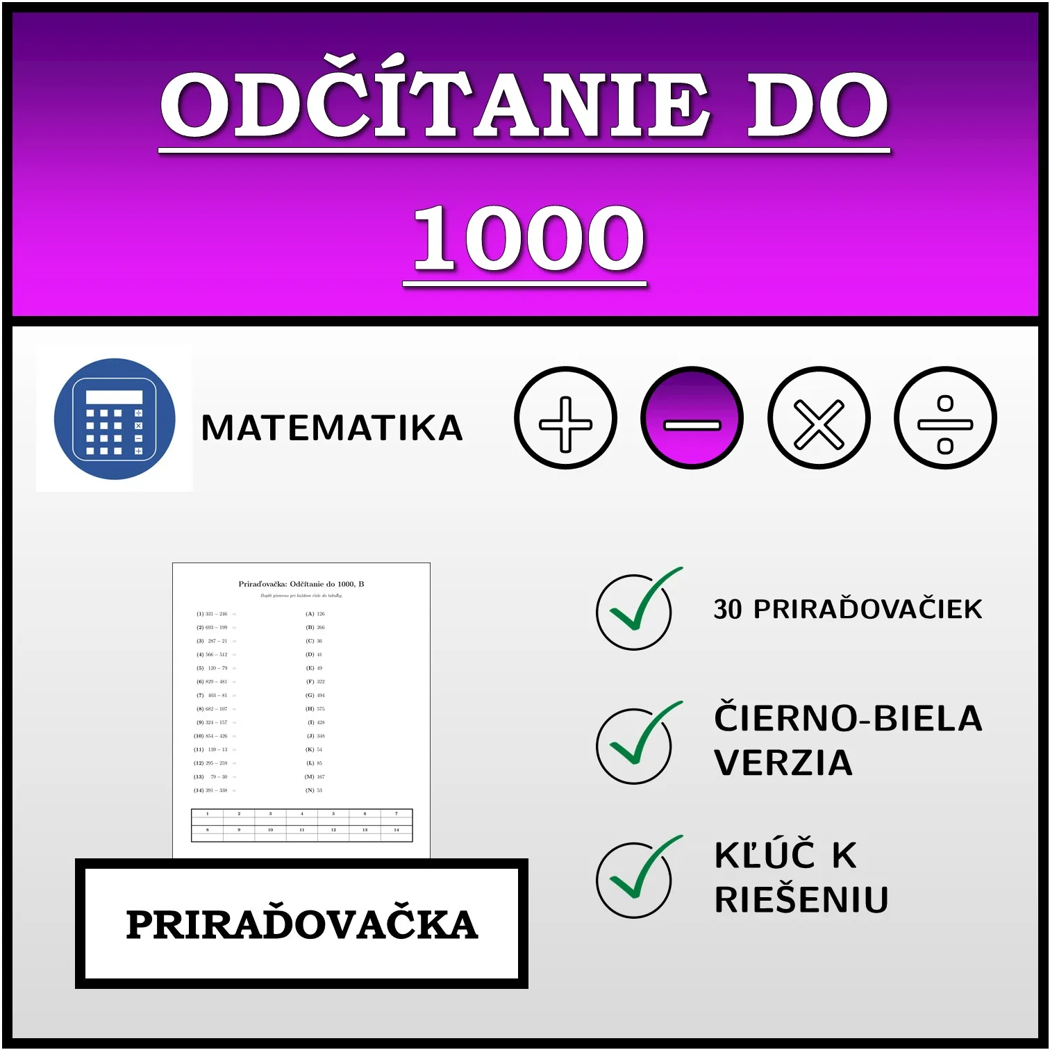 Priraďovačka: Odčítanie do 1000