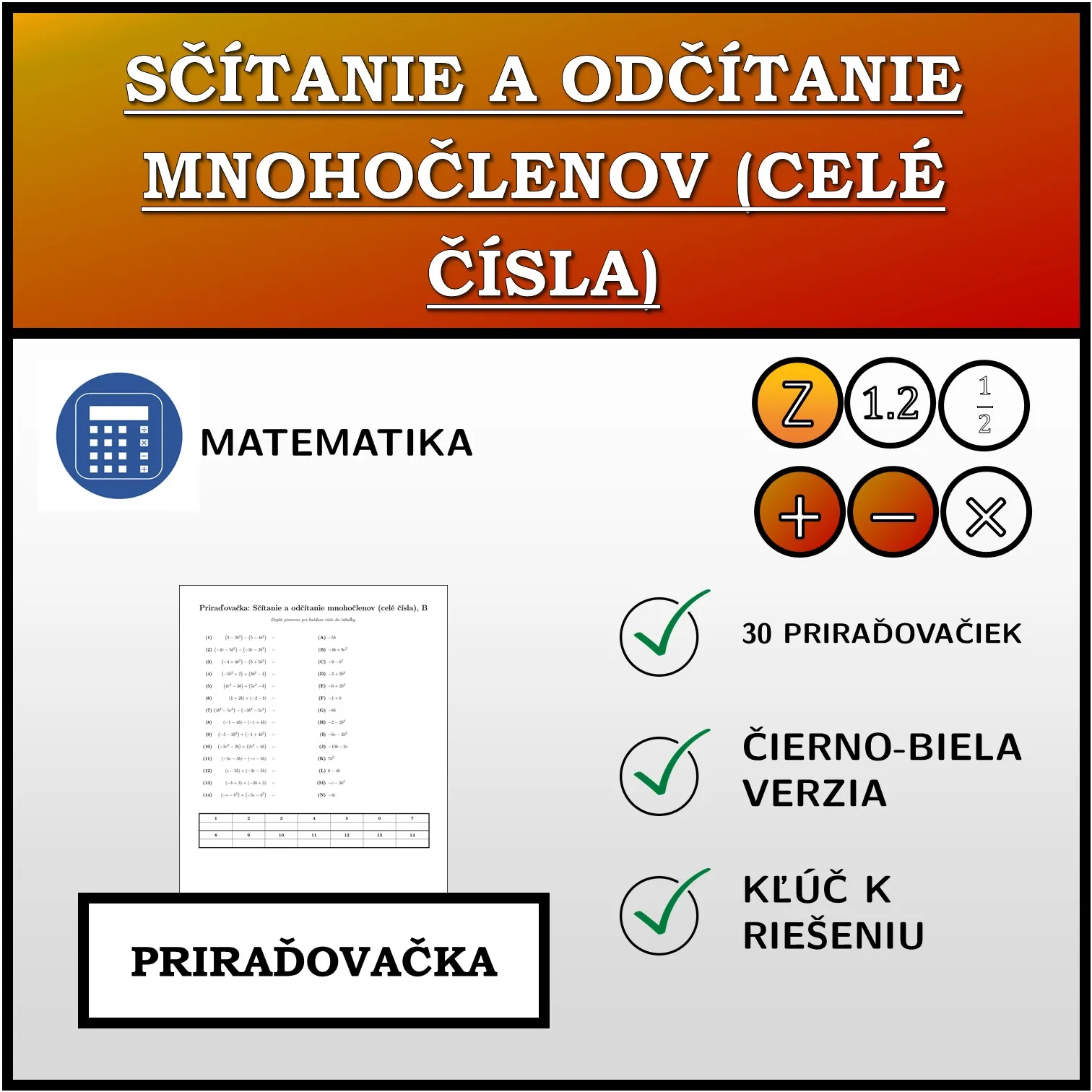 Priraďovačka: Sčítanie a odčítanie mnohočlenov (celé čísla)