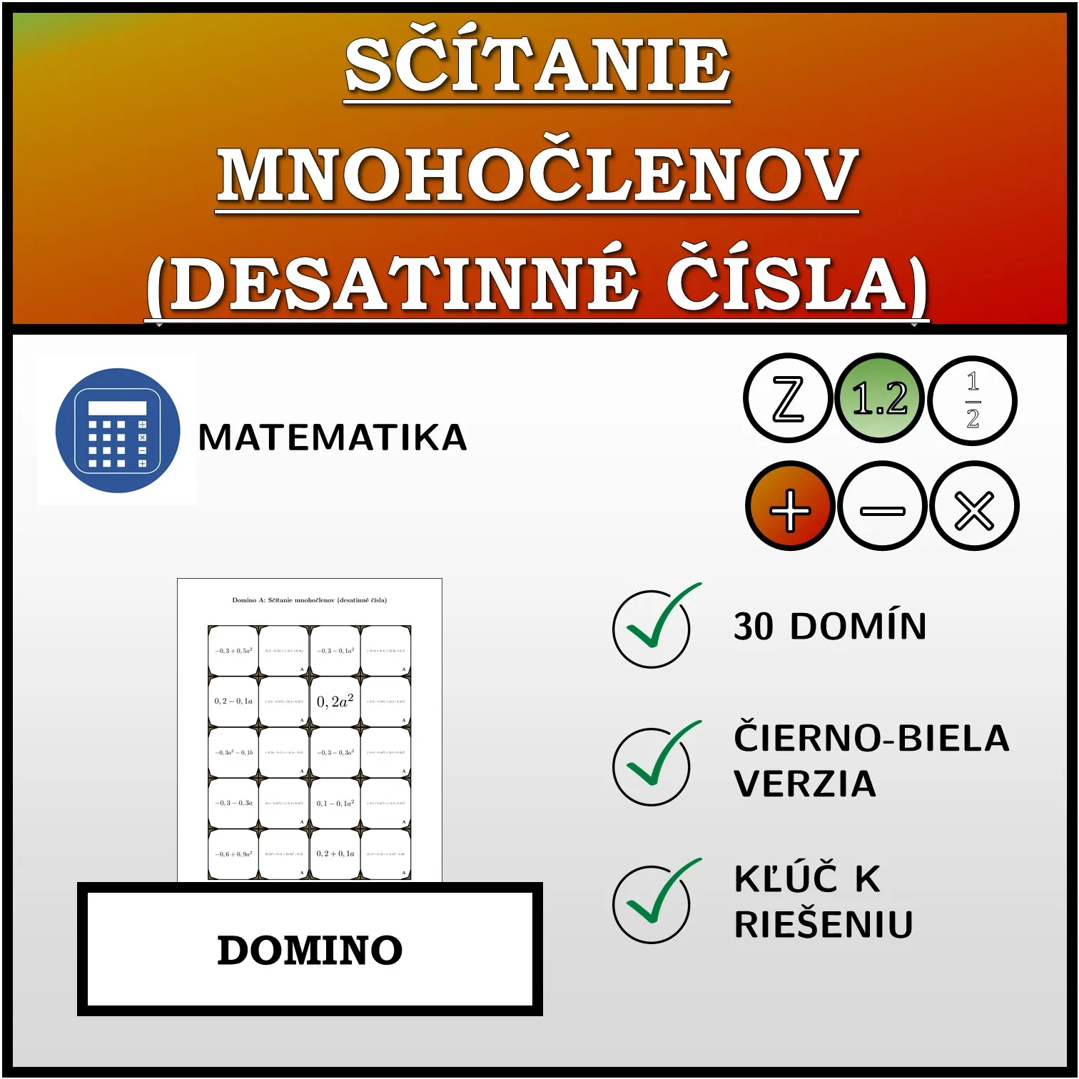 Domino: Sčítanie mnohočlenov (desatinné čísla)