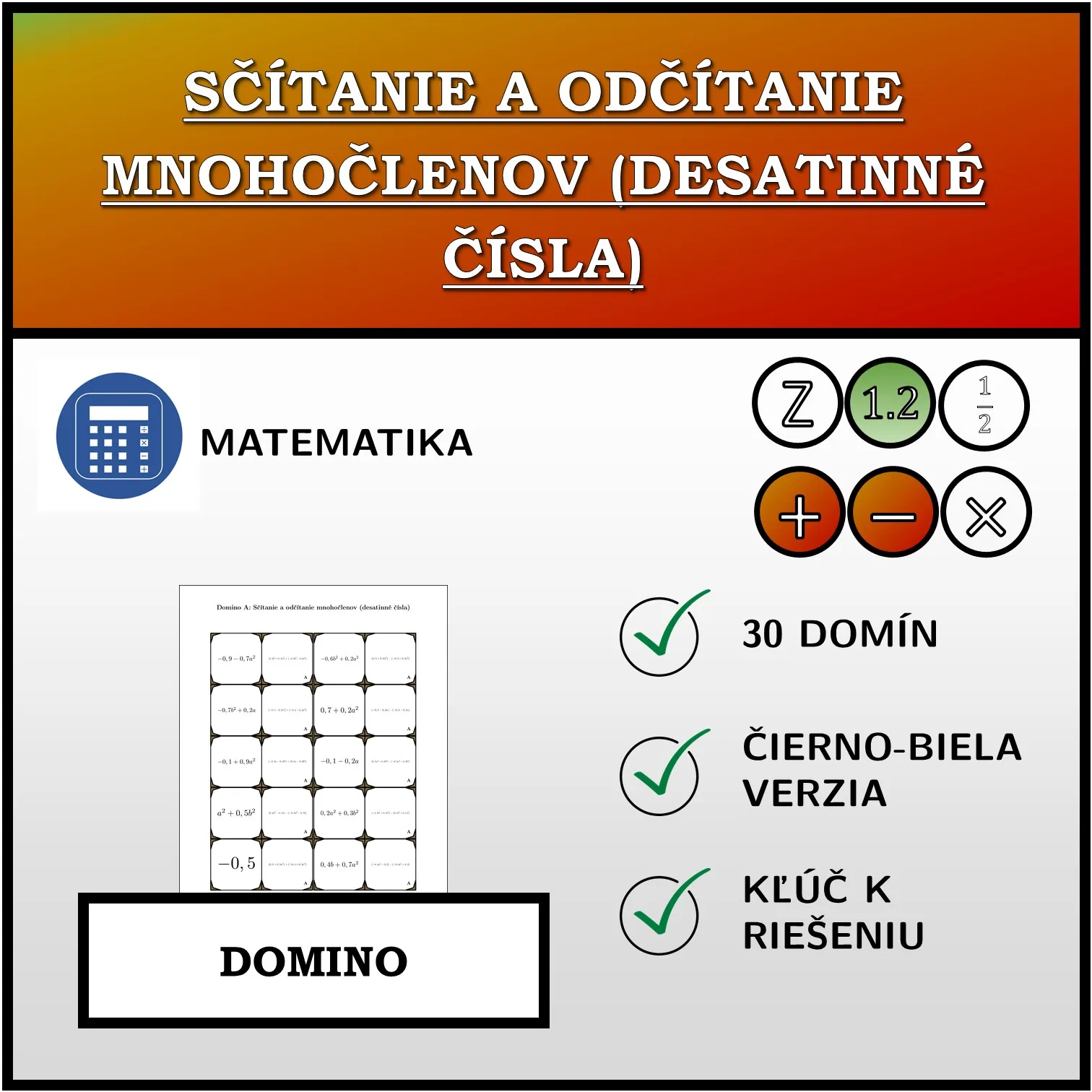 Domino: Sčítanie a odčítanie mnohočlenov (desatinné čísla)