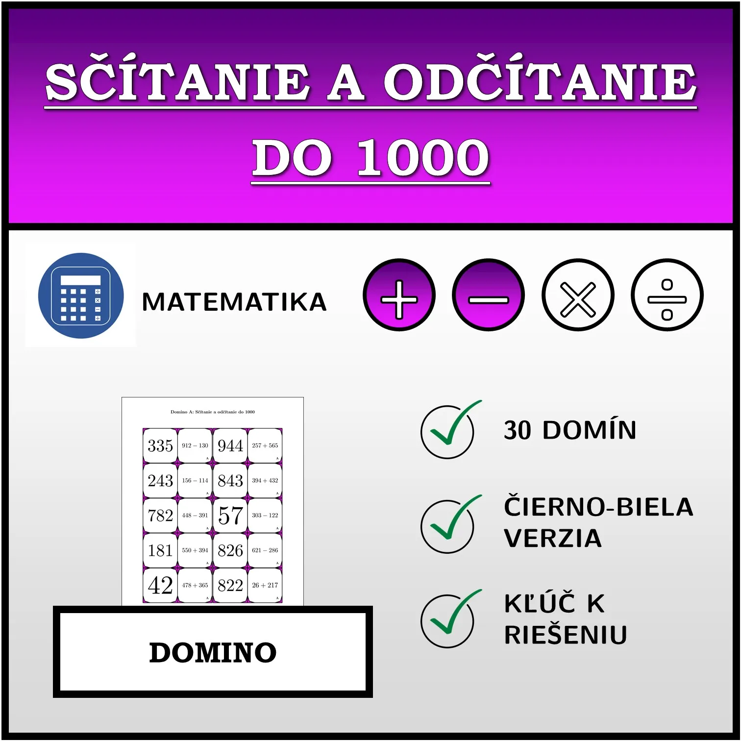 Domino: Sčítanie a odčítanie do 1000