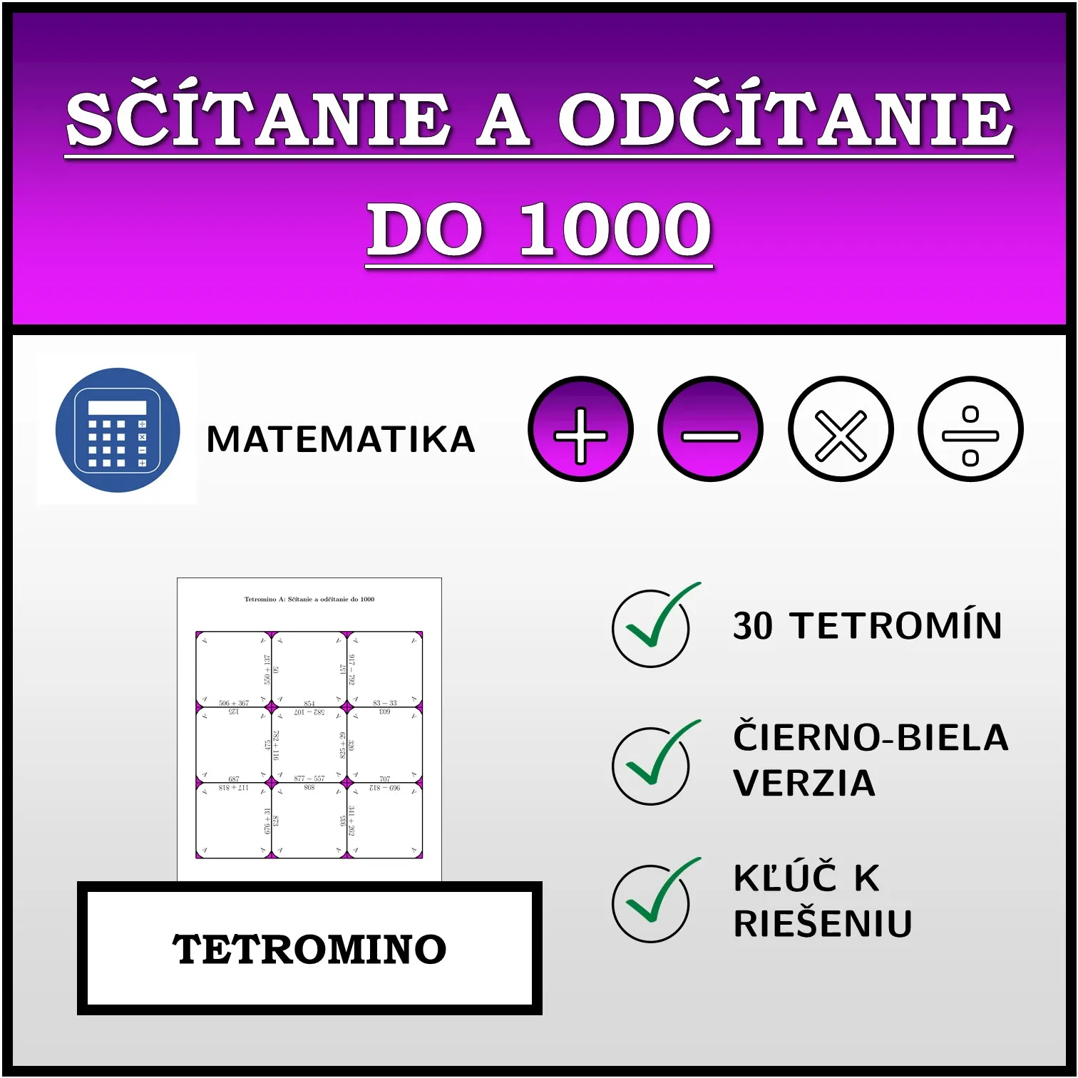 Tetromino: Sčítanie a odčítanie do 1000