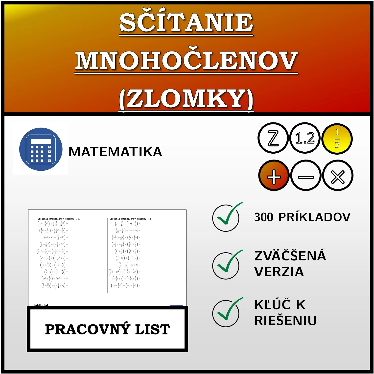 Pracovný list: Sčítanie mnohočlenov (zlomky)