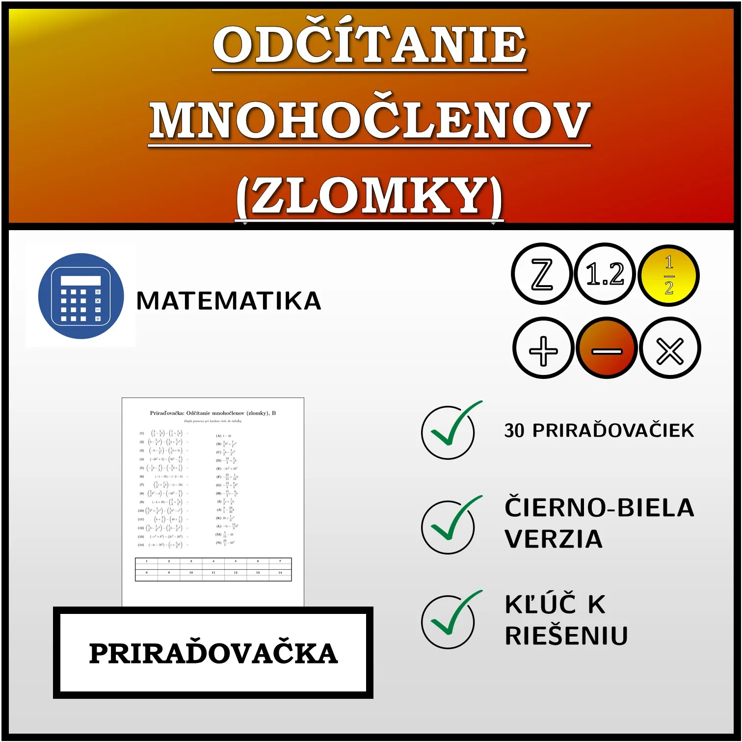 Priraďovačka: Odčítanie mnohočlenov (zlomky)