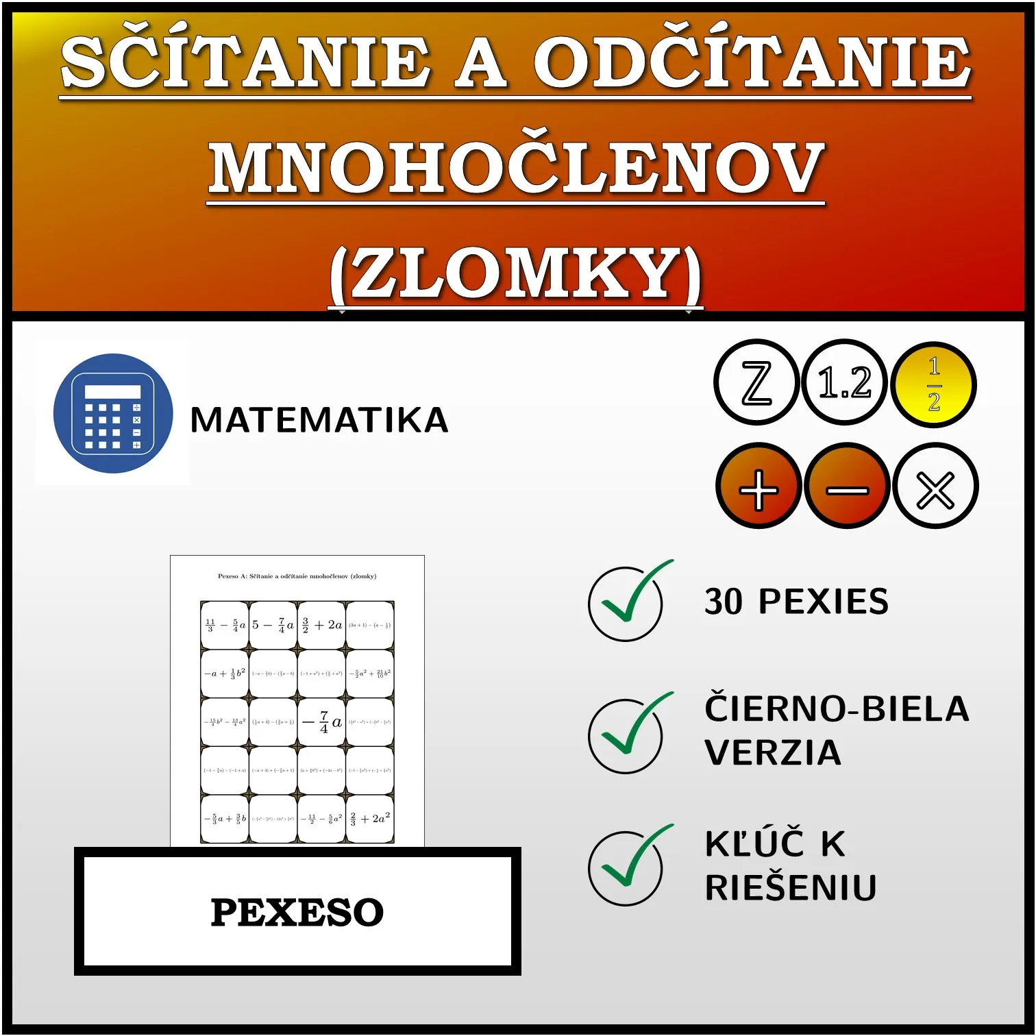 Pexeso: Sčítanie a odčítanie mnohočlenov (zlomky)