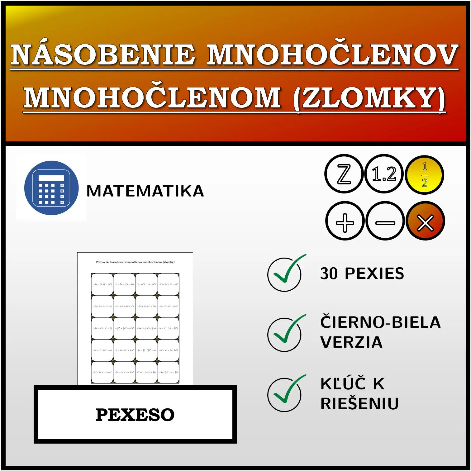 Pexeso: Násobenie mnohočlenov mnohočlenom (zlomky)