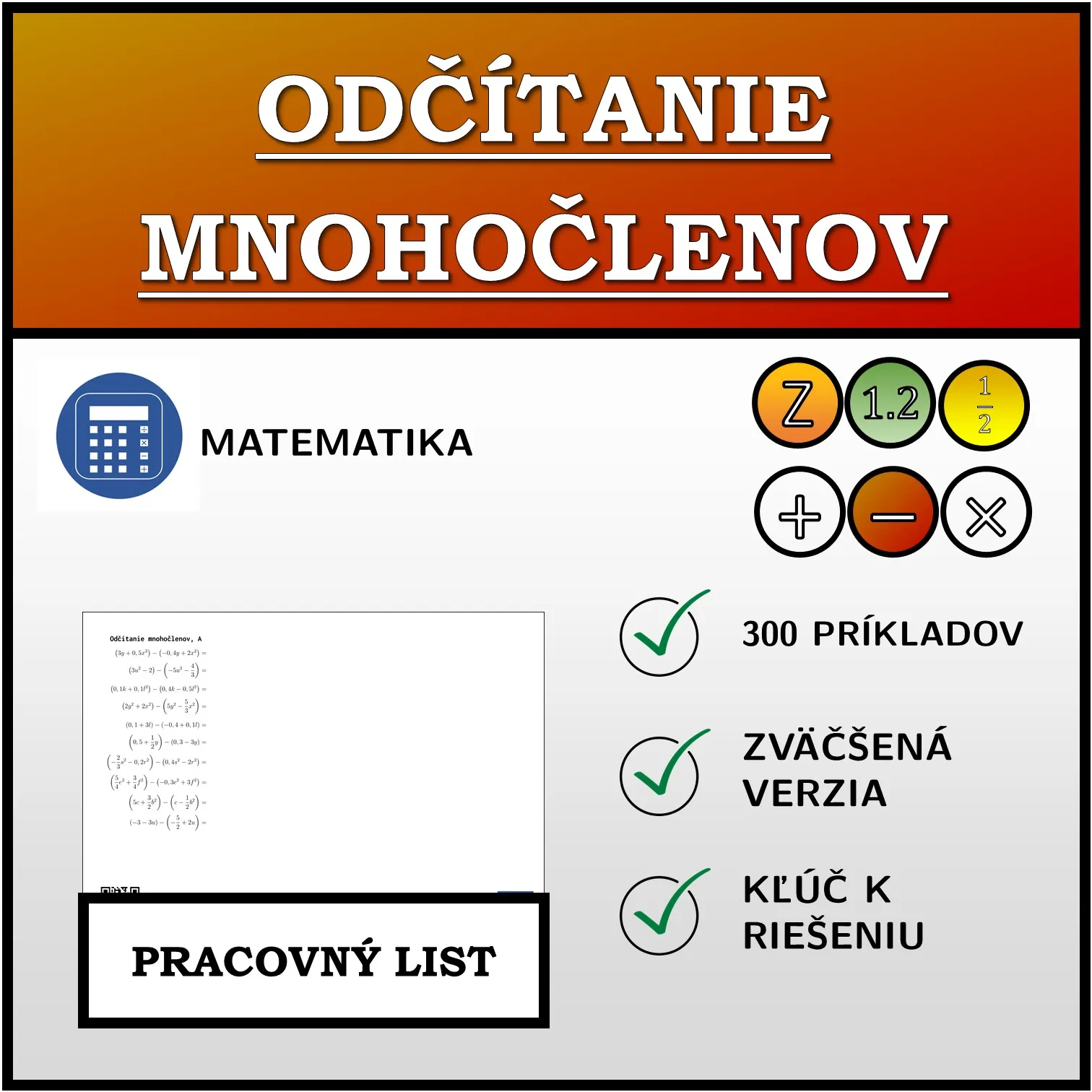 Pracovný list: Odčítanie mnohočlenov