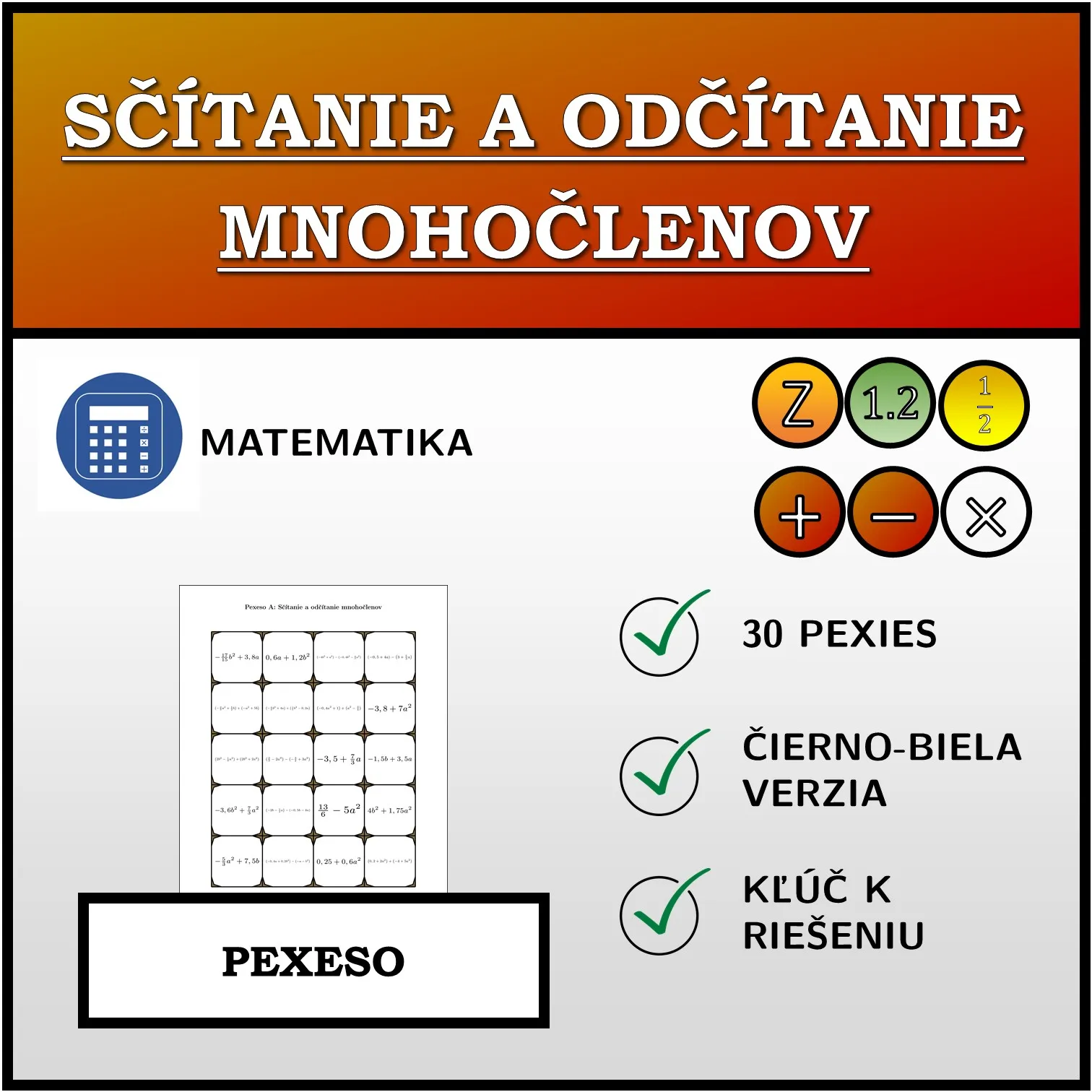 Pexeso: Sčítanie a odčítanie mnohočlenov