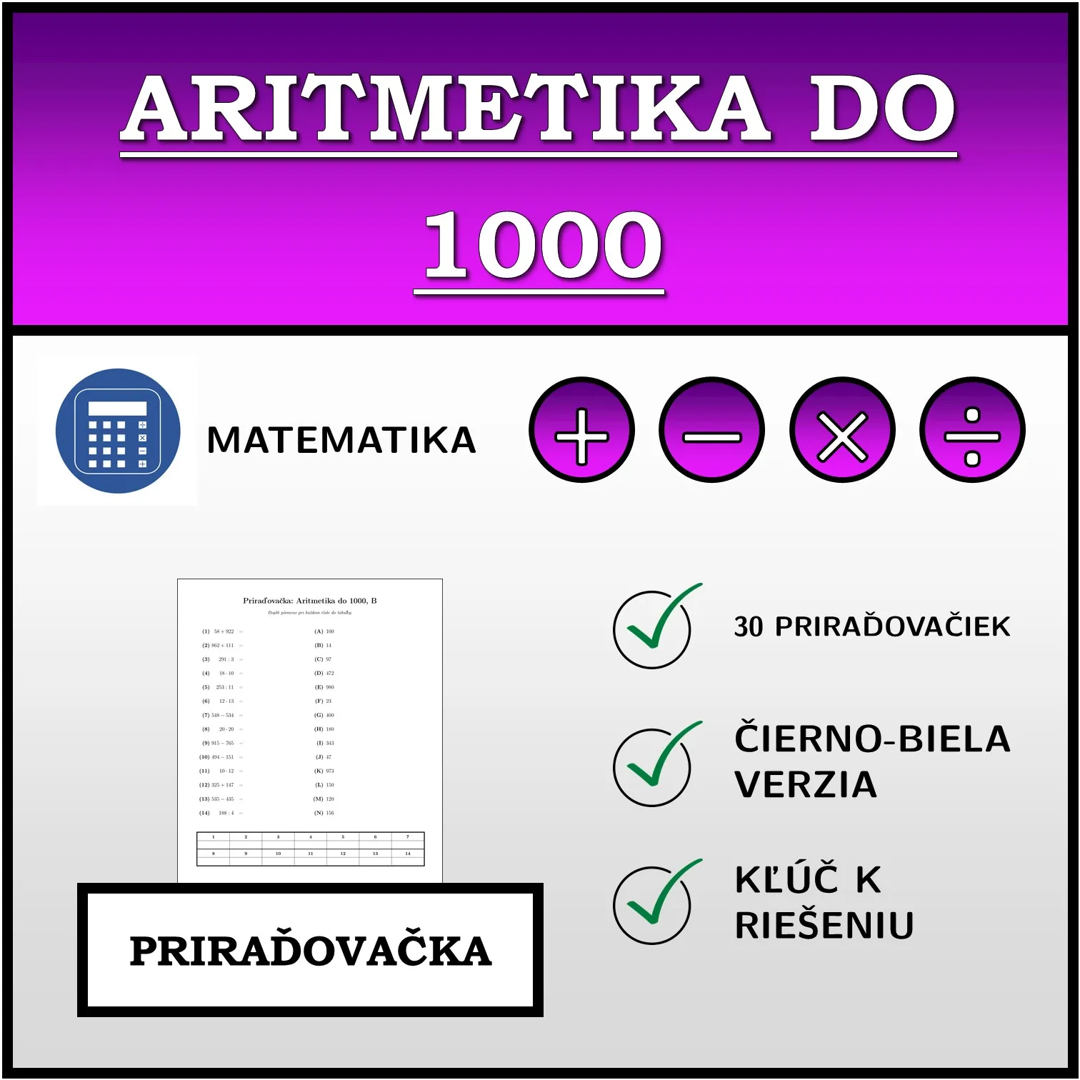 Priraďovačka: Aritmetika do 1000