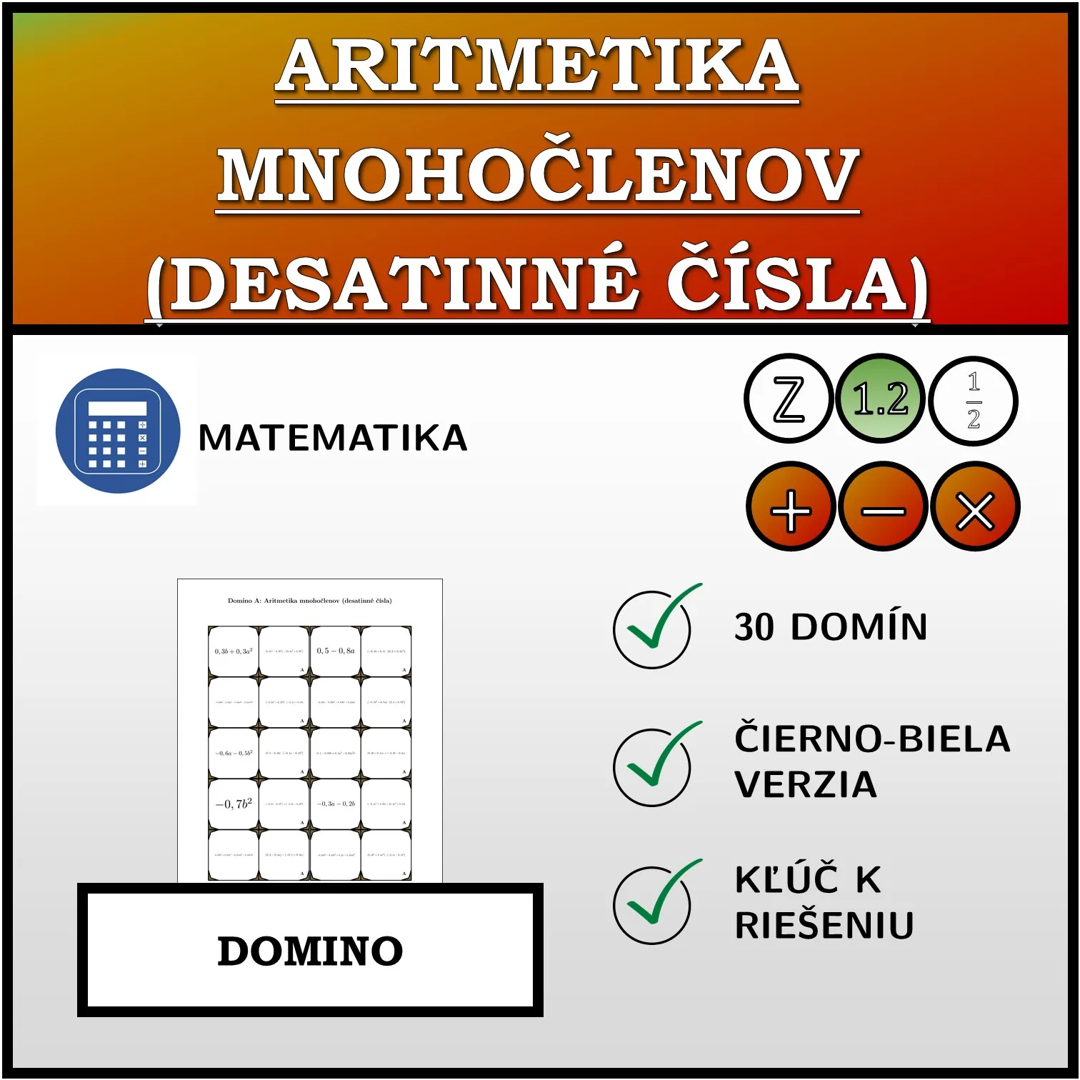 Domino: Aritmetika mnohočlenov (desatinné čísla)