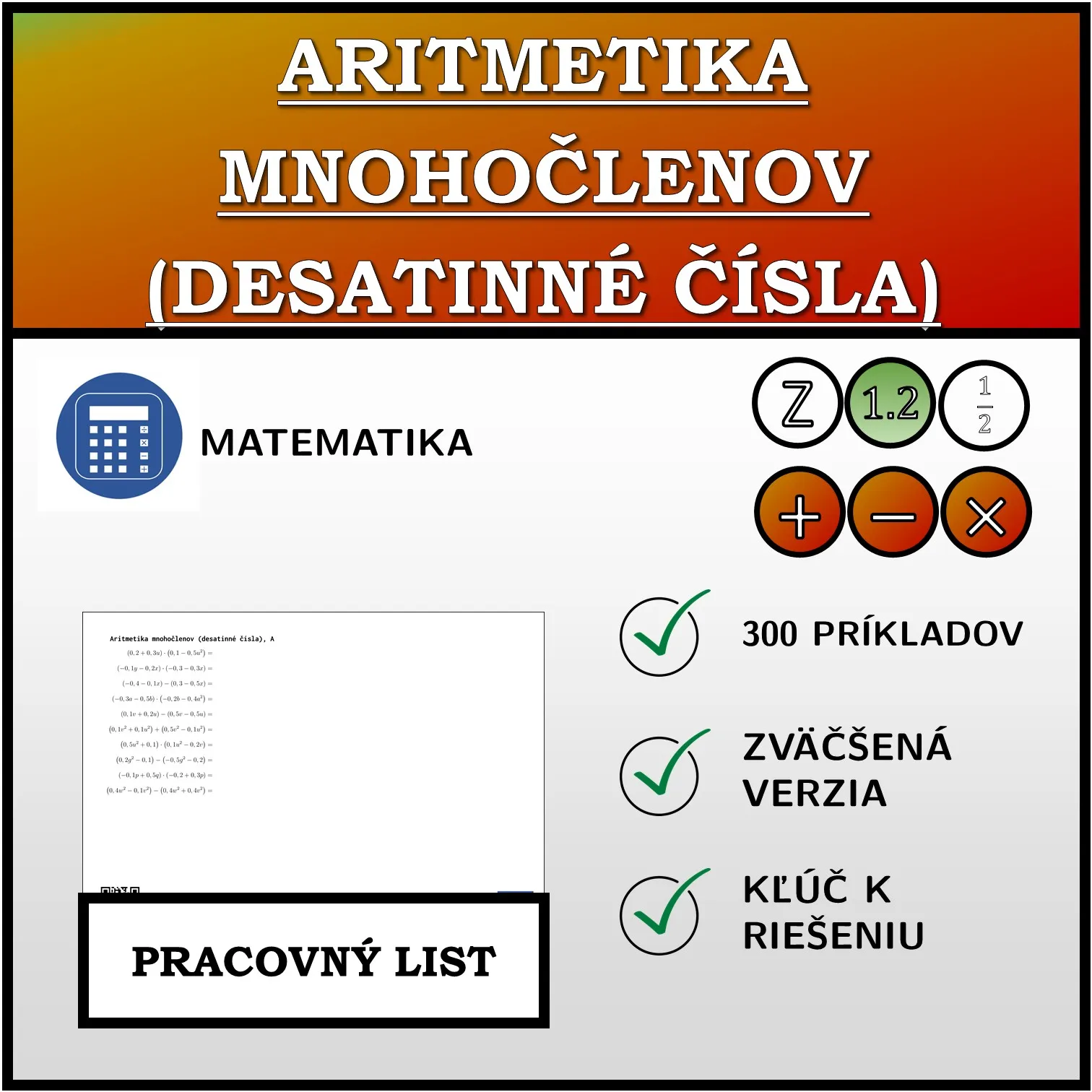Pracovný list: Aritmetika mnohočlenov (desatinné čísla)