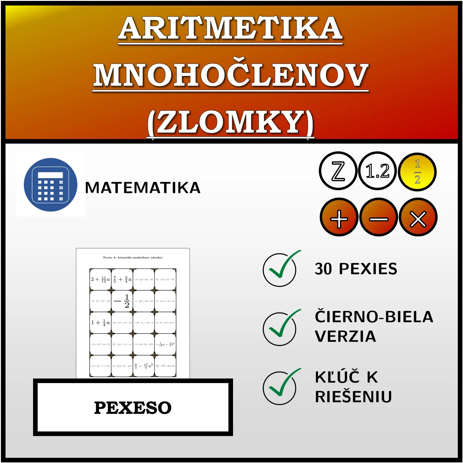 Pexeso: Aritmetika mnohočlenov (zlomky)