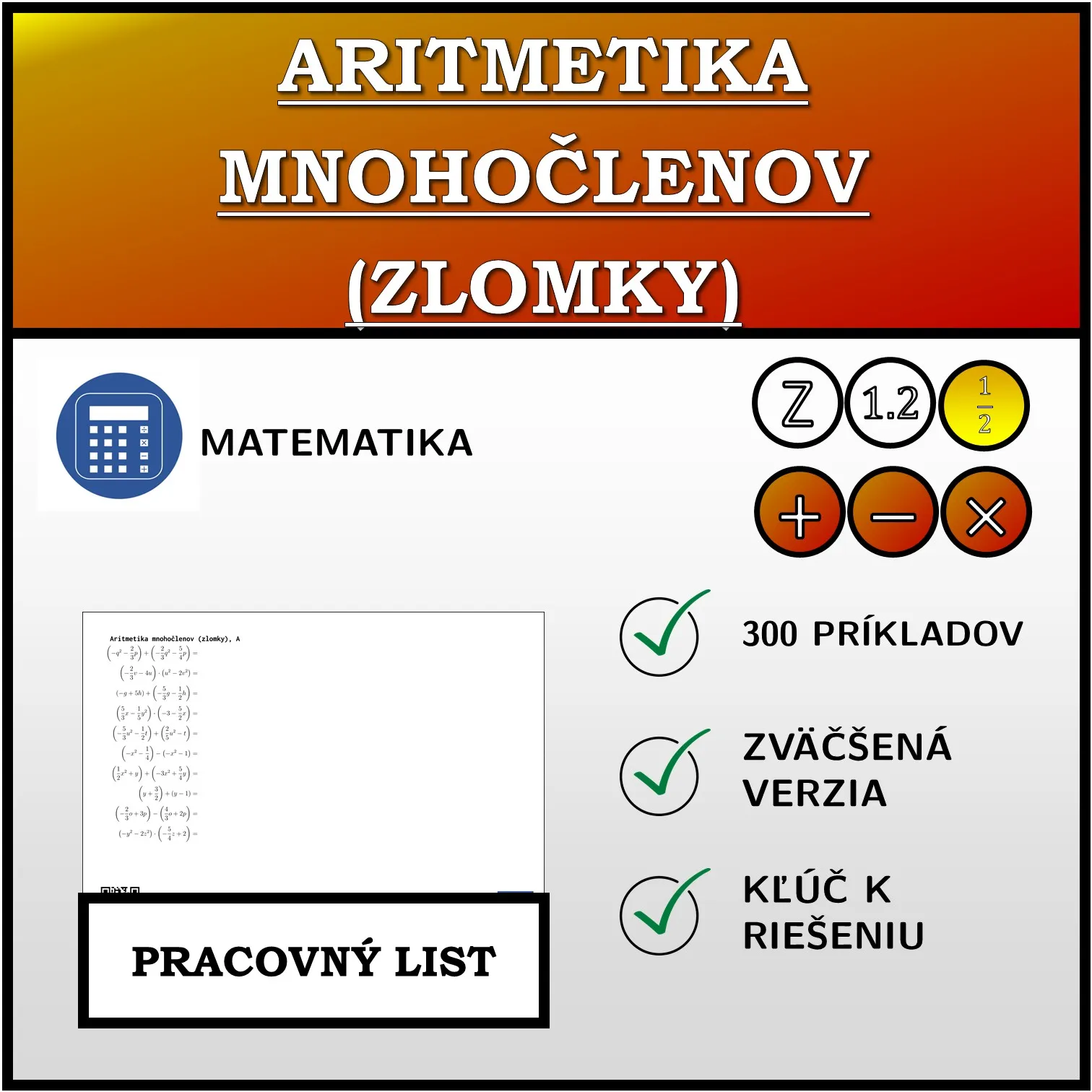 Pracovný list: Aritmetika mnohočlenov (zlomky)