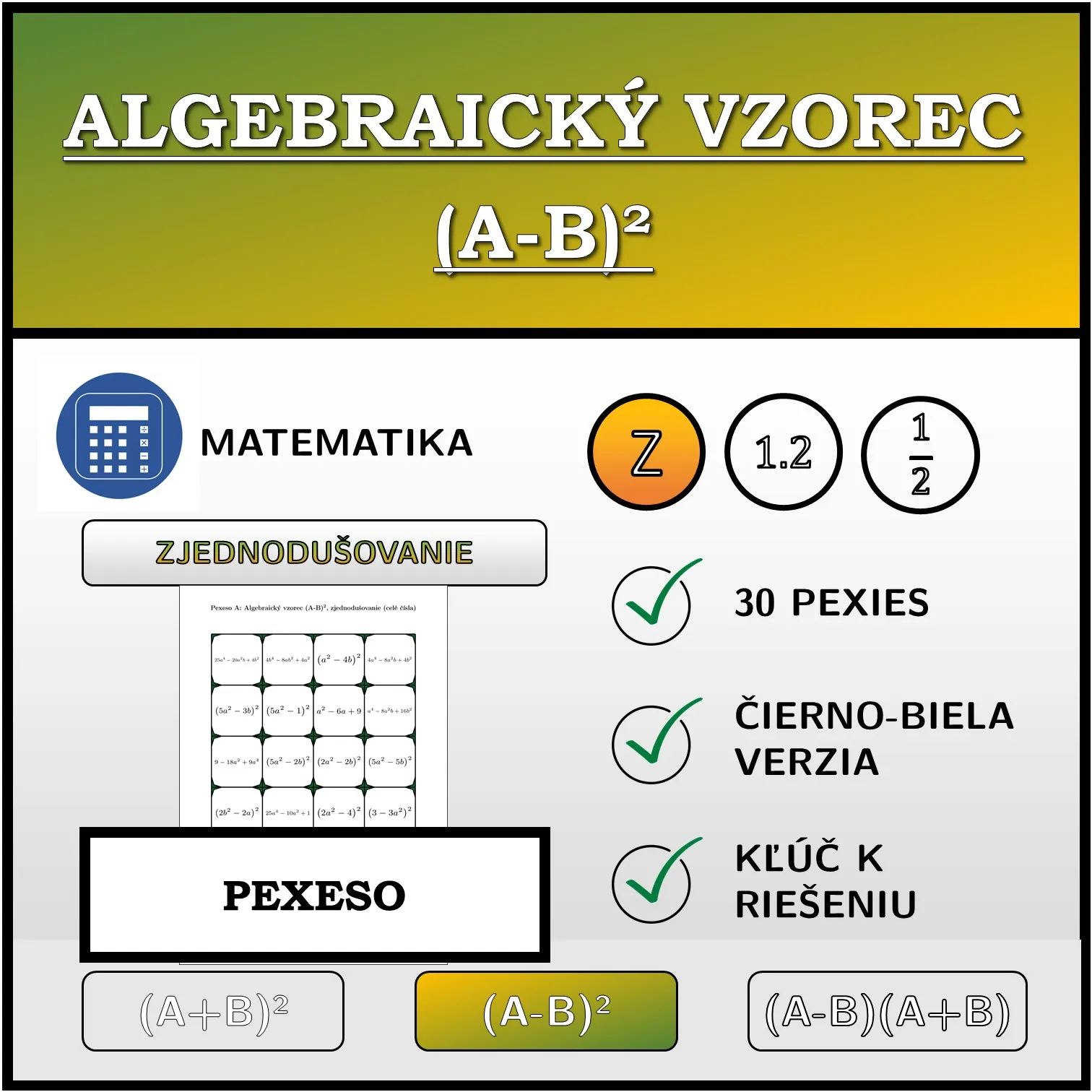 Pexeso: Algebraický vzorec (A-B)², zjednodušovanie (celé čísla)