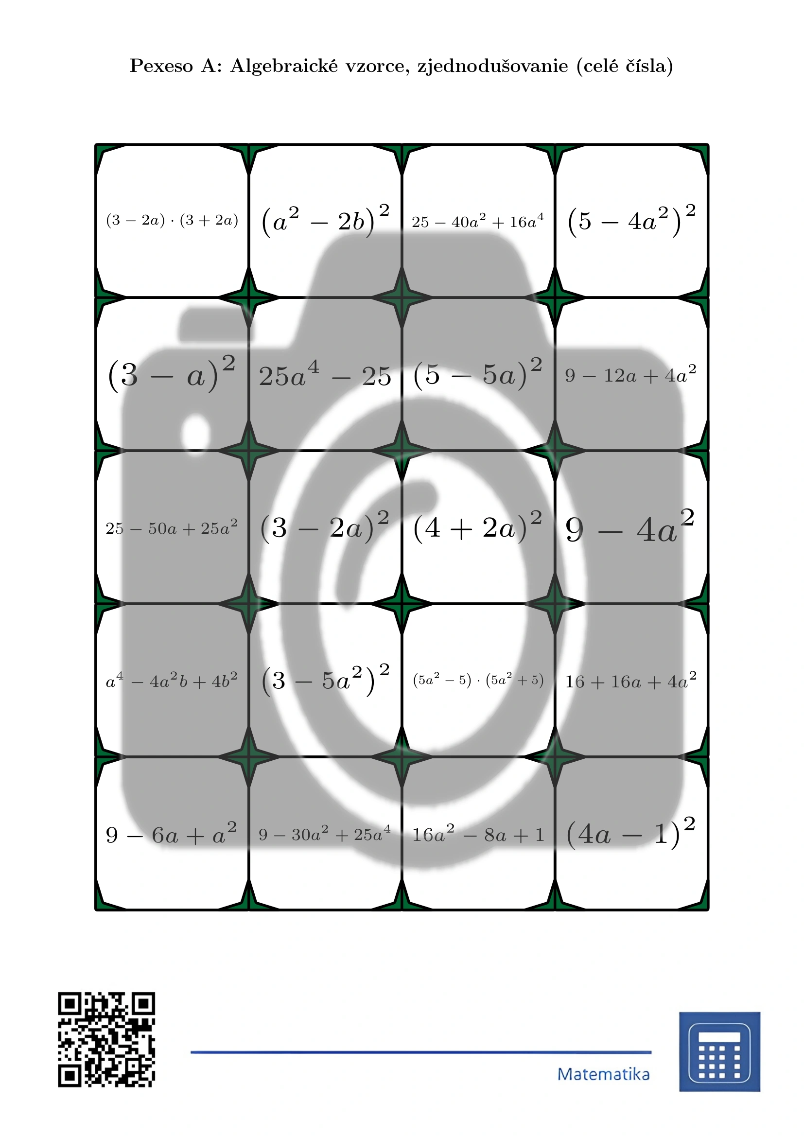 Pexeso: Algebraické vzorce, zjednodušovanie (celé čísla) – Obrázok 2