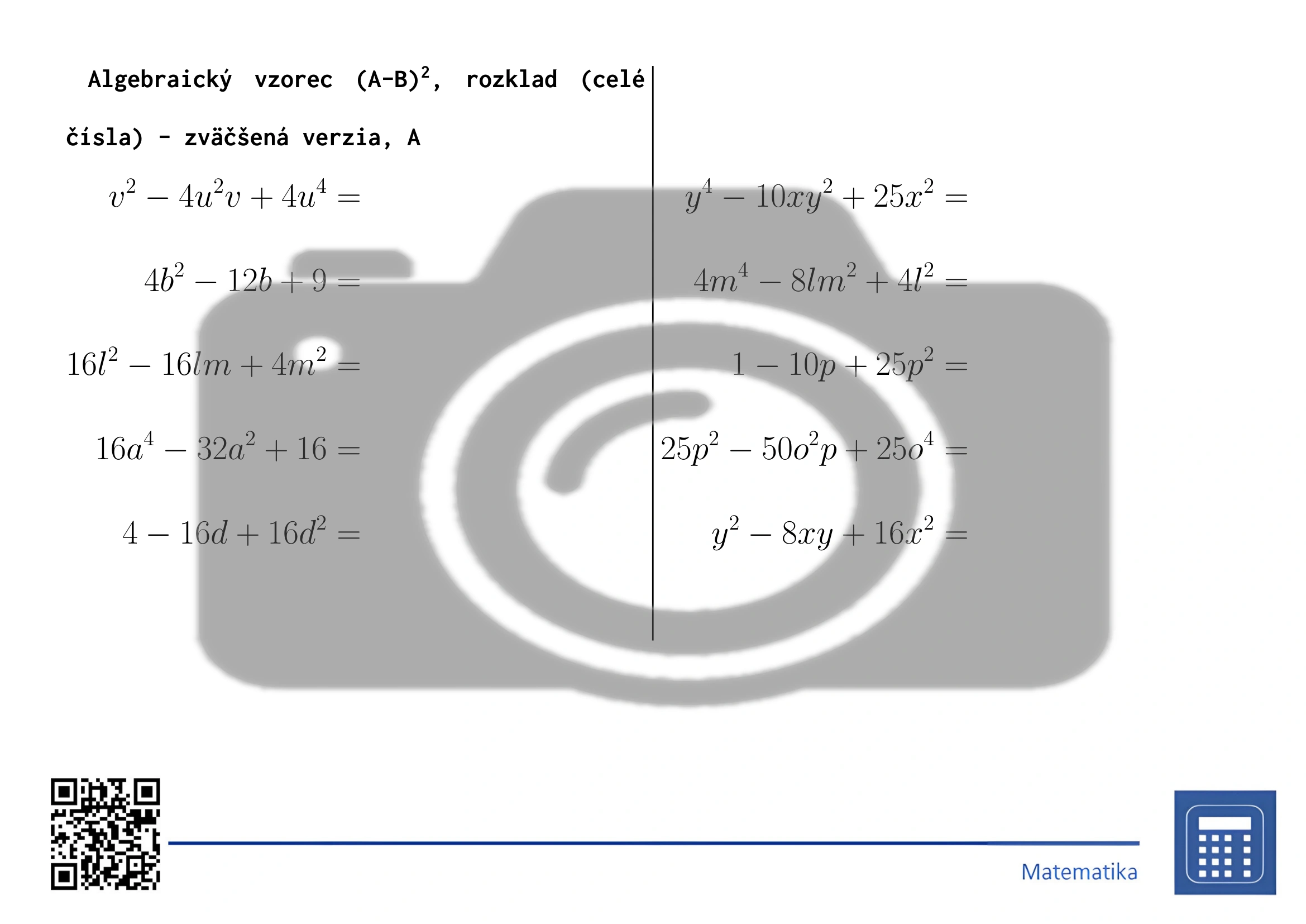 Pracovný list: Algebraický vzorec (A-B)², rozklad (celé čísla) – Obrázok 3