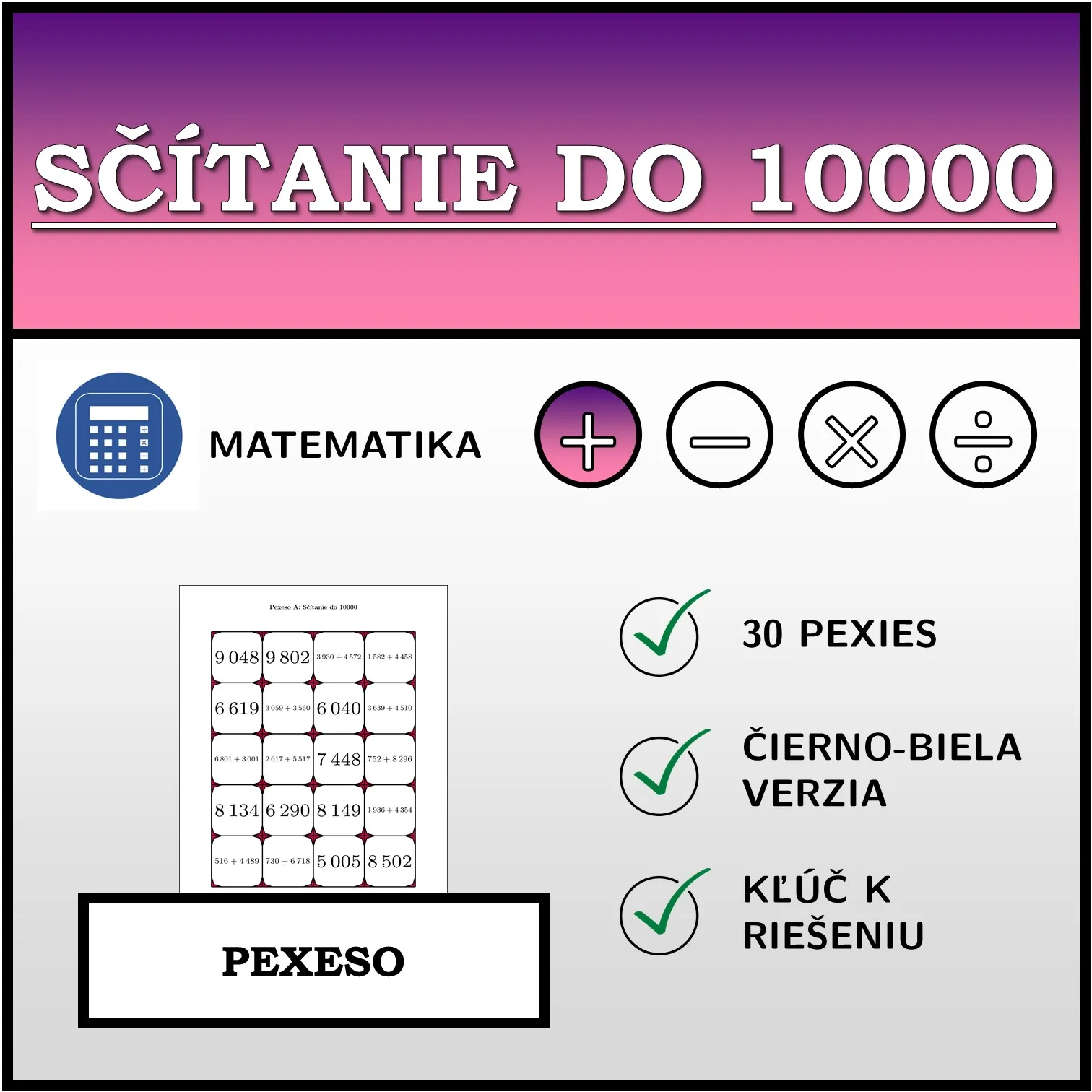 Pexeso: Sčítanie do 10000