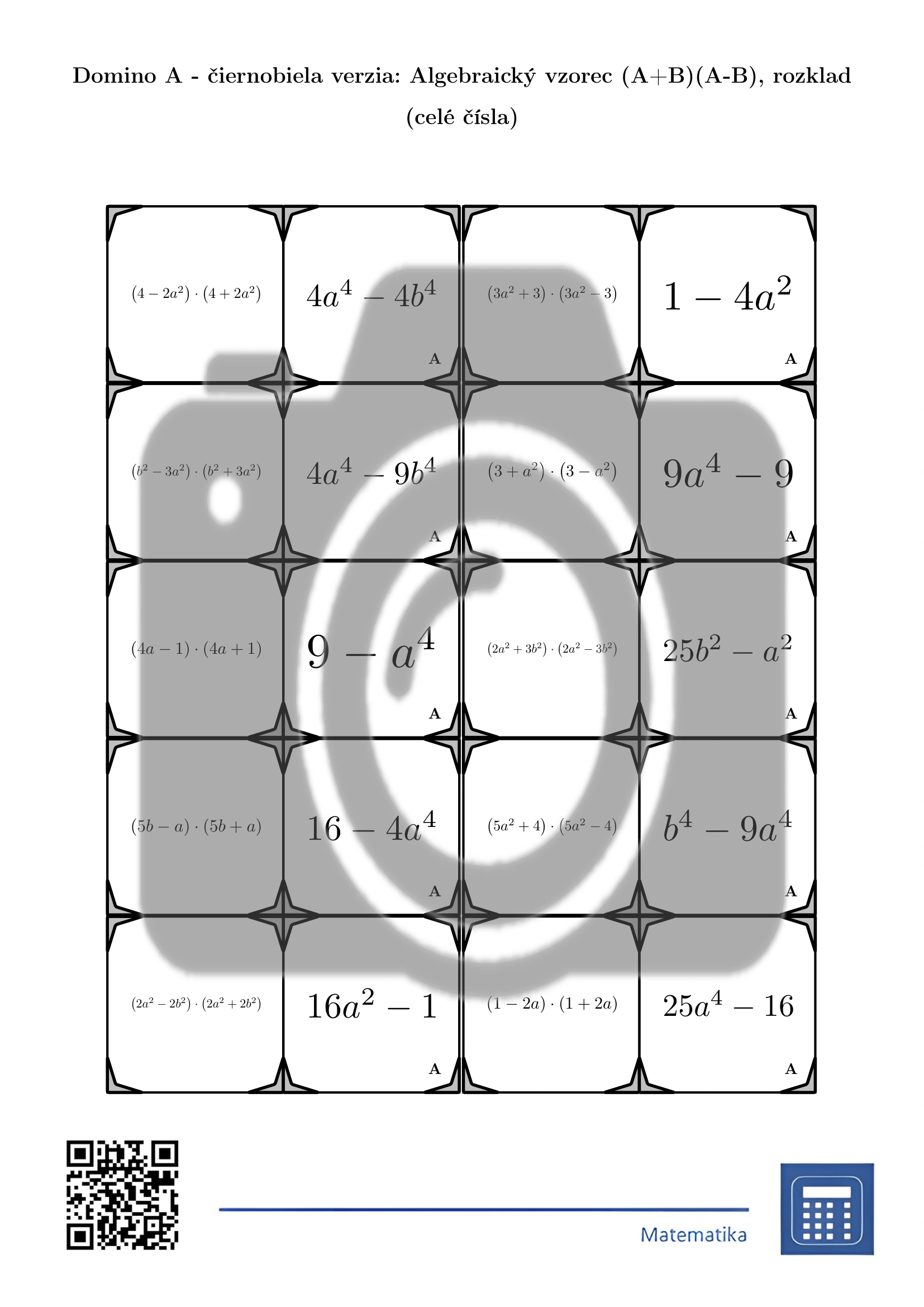 Domino: Algebraický vzorec (A+B)(A-B), rozklad (celé čísla) – Obrázok 3