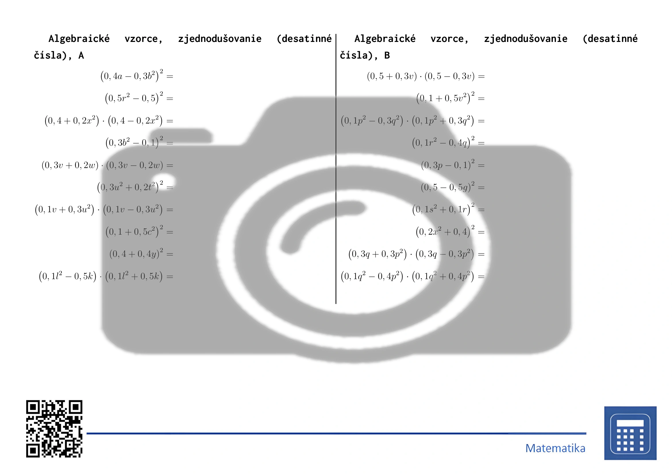 Pracovný list: Algebraické vzorce, zjednodušovanie (desatinné čísla) – Obrázok 2