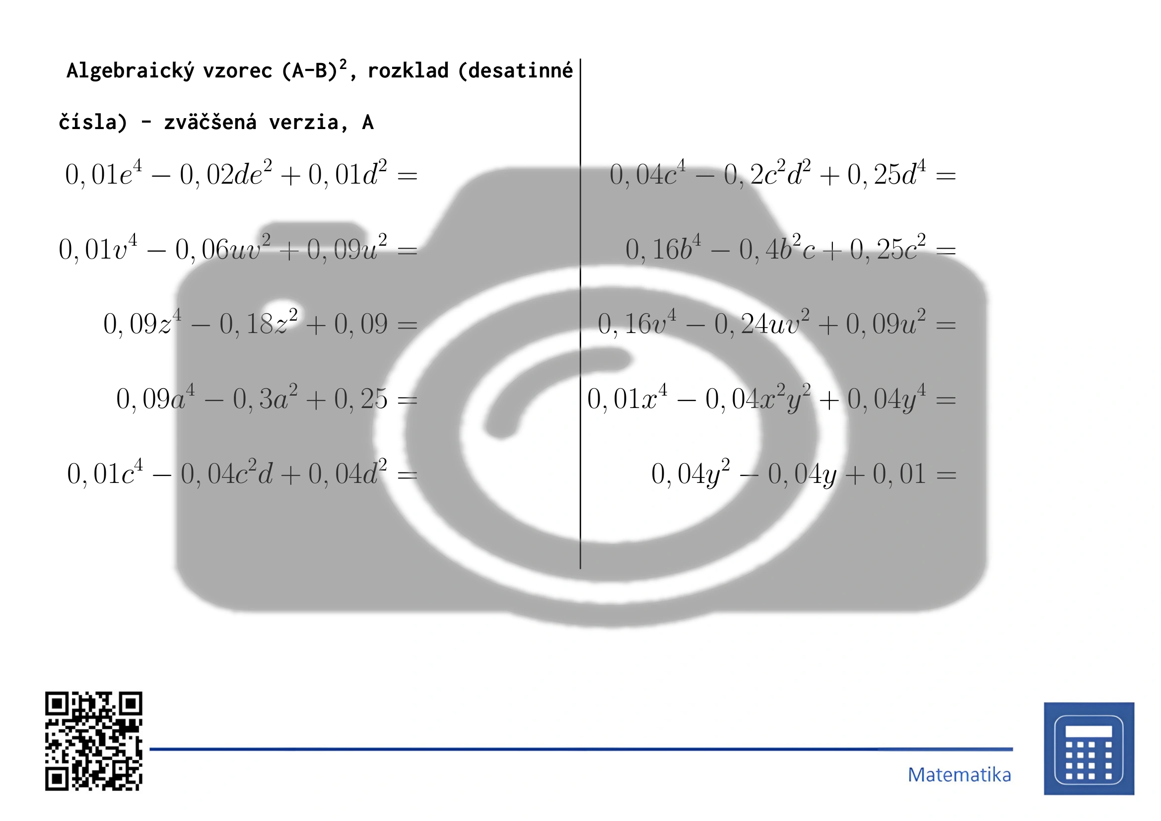 Pracovný list: Algebraický vzorec (A-B)², rozklad (desatinné čísla) – Obrázok 3
