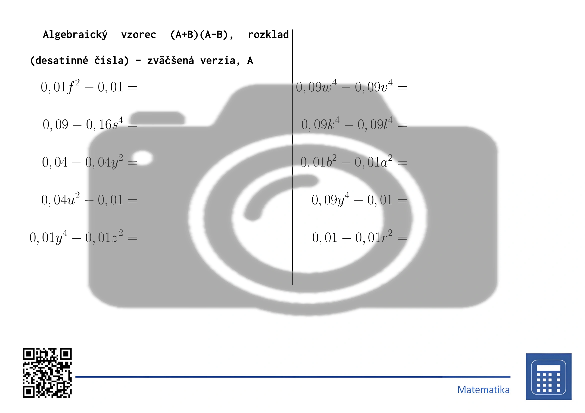 Pracovný list: Algebraický vzorec (A+B)(A-B), rozklad (desatinné čísla) – Obrázok 3