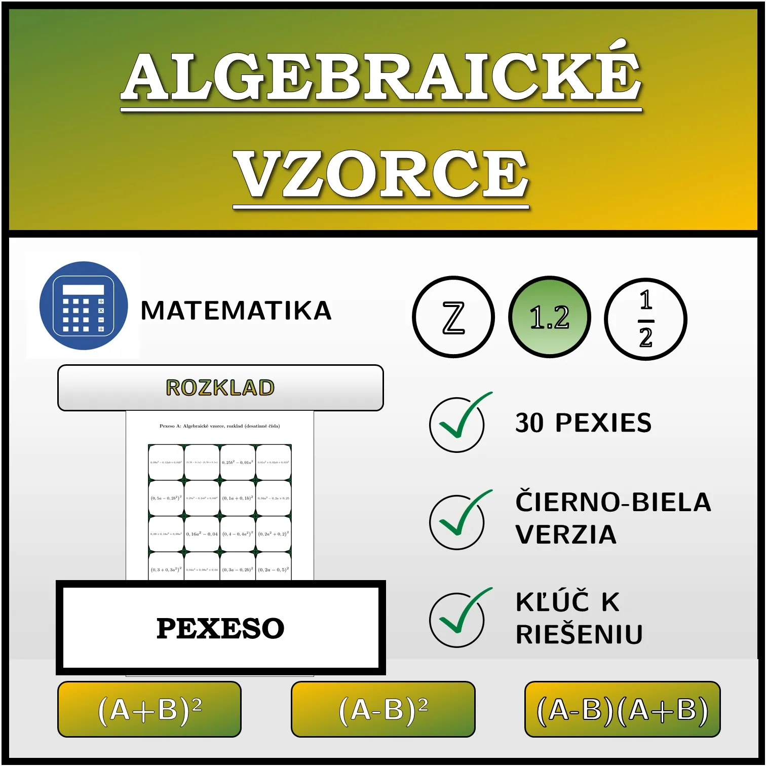 Pexeso: Algebraické vzorce, rozklad (desatinné čísla)