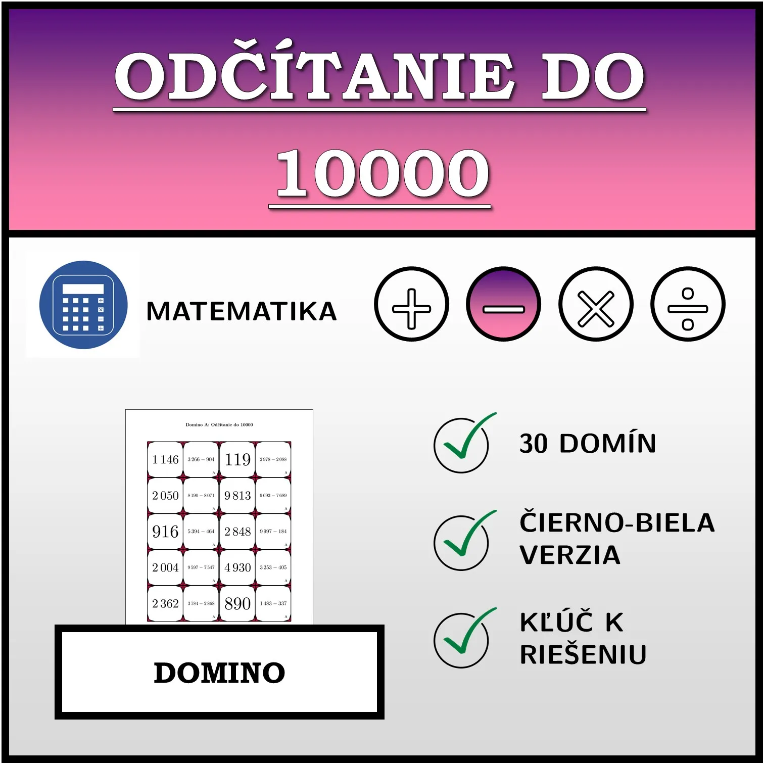 Domino: Odčítanie do 10000