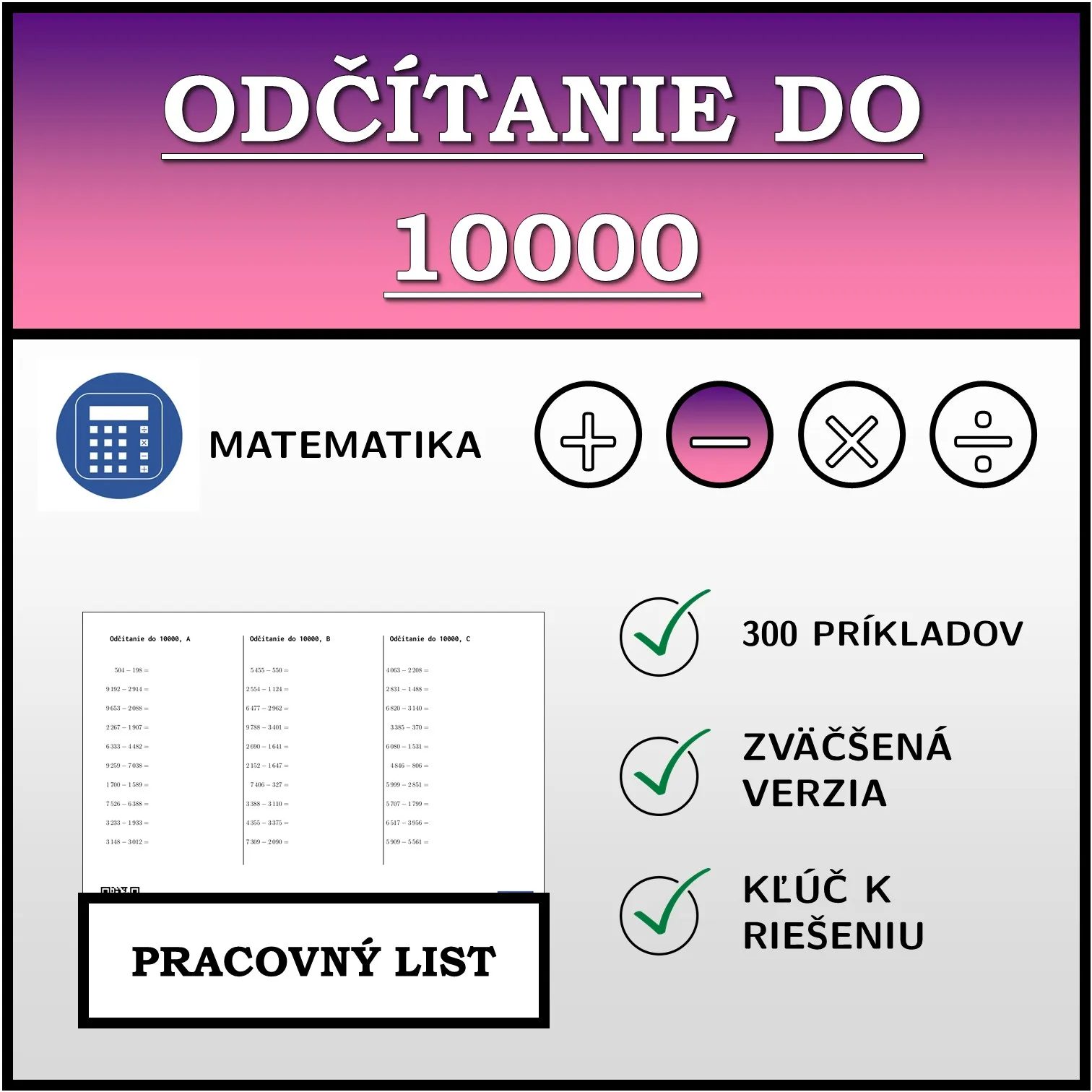 Pracovný list: Odčítanie do 10000