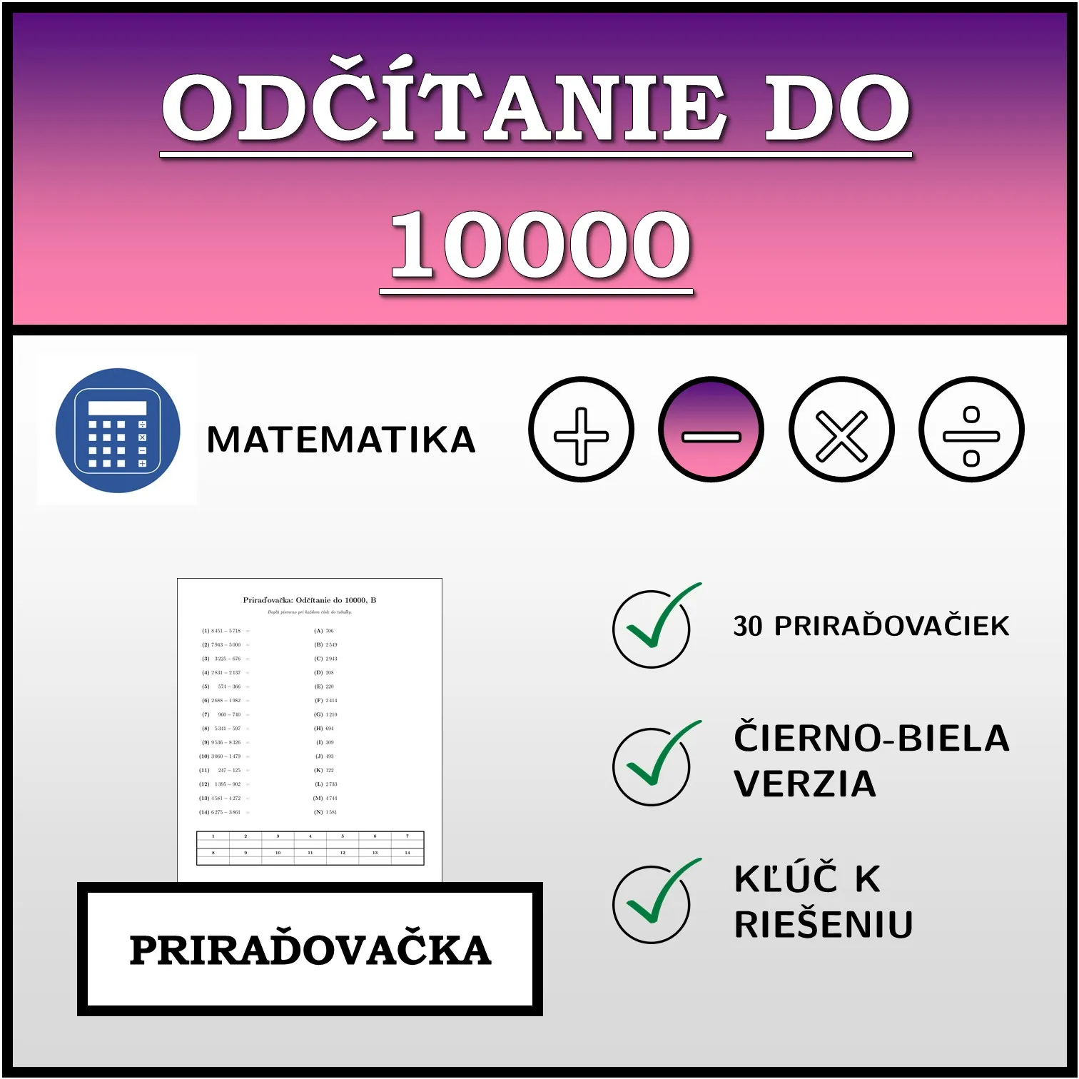Priraďovačka: Odčítanie do 10000