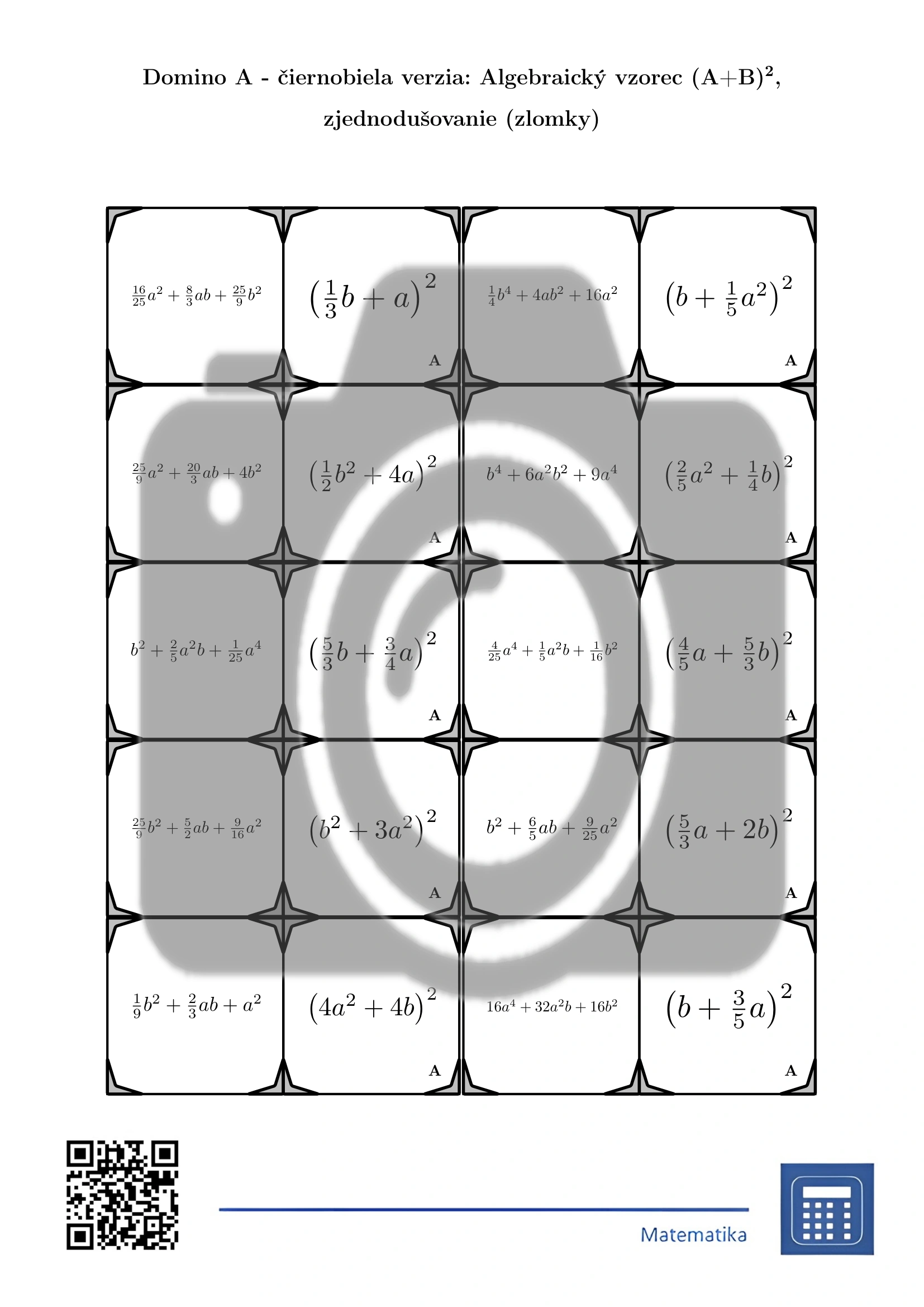 Domino: Algebraický vzorec (A+B)², zjednodušovanie (zlomky) – Obrázok 3