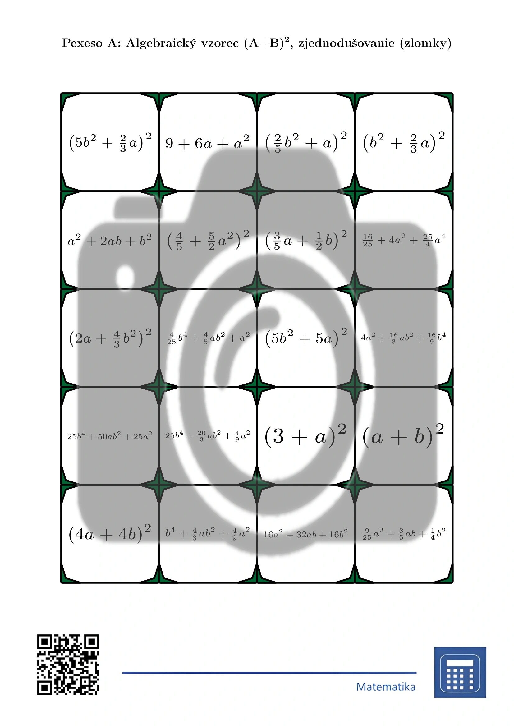 Pexeso: Algebraický vzorec (A+B)², zjednodušovanie (zlomky) – Obrázok 2
