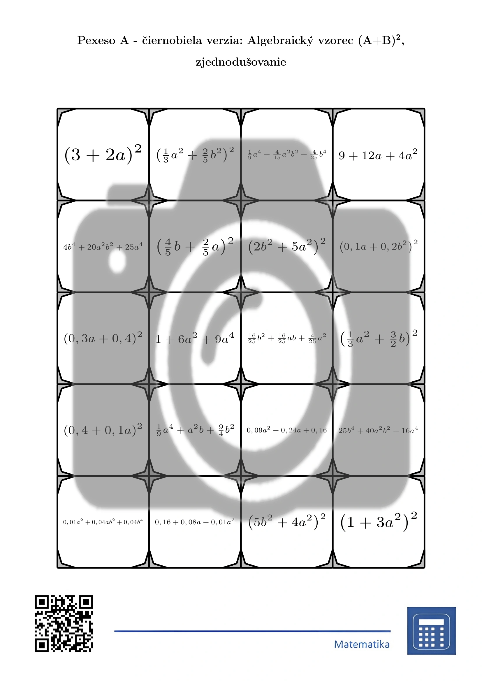 Pexeso: Algebraický vzorec (A+B)², zjednodušovanie – Obrázok 3