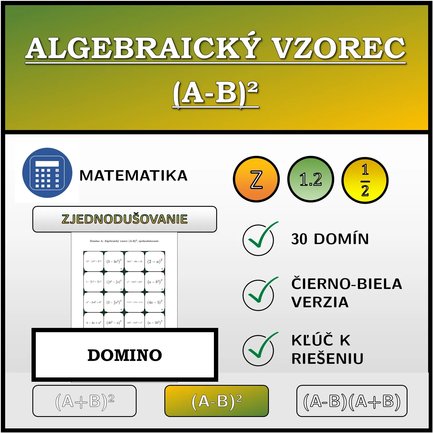 Domino: Algebraický vzorec (A-B)², zjednodušovanie