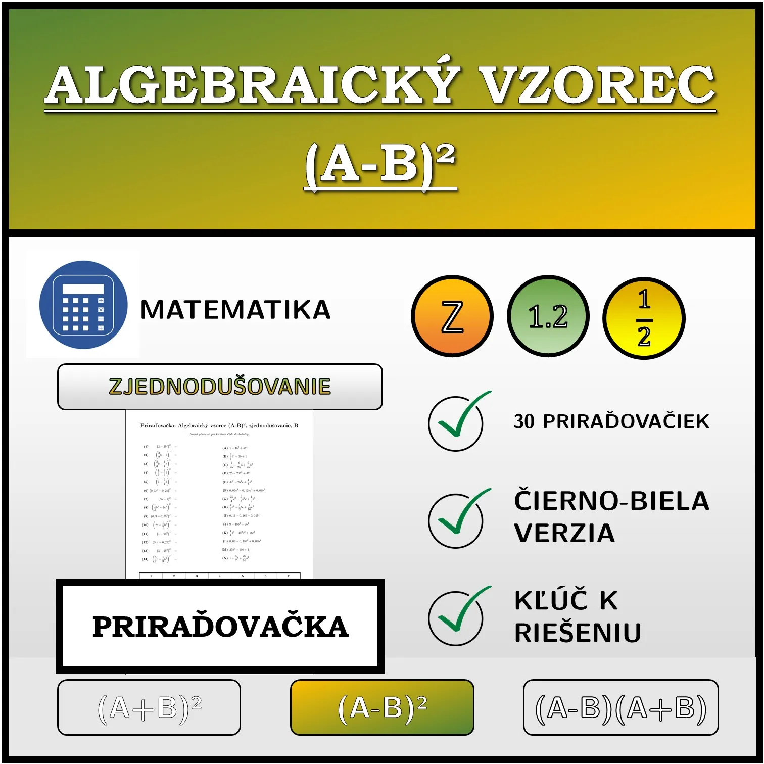 Priraďovačka: Algebraický vzorec (A-B)², zjednodušovanie